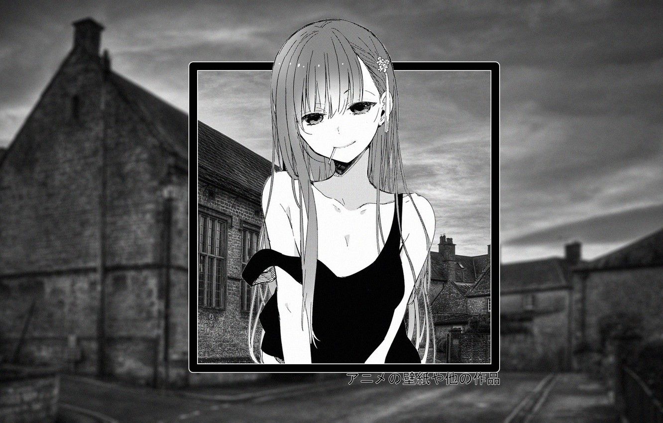 Wallpaper sadness, girl, house, anime, black and white, madskillz