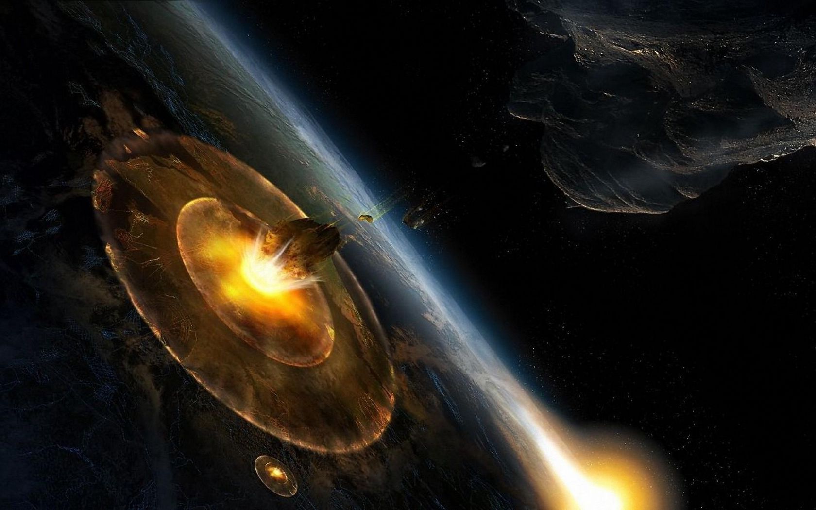Download wallpaper 1680x1050 planet, explosion, asteroids, speed