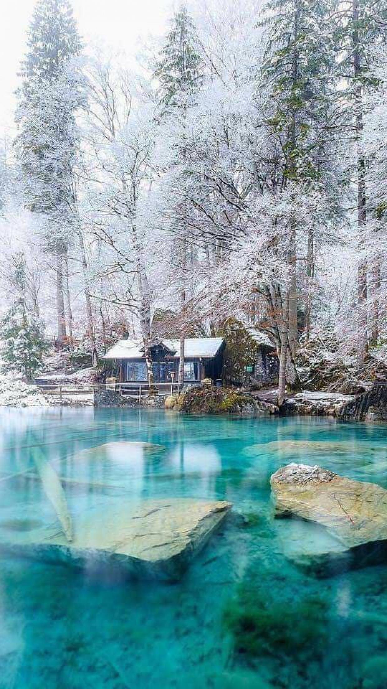 Loving the white and blue colours of Lake Blausee during winter