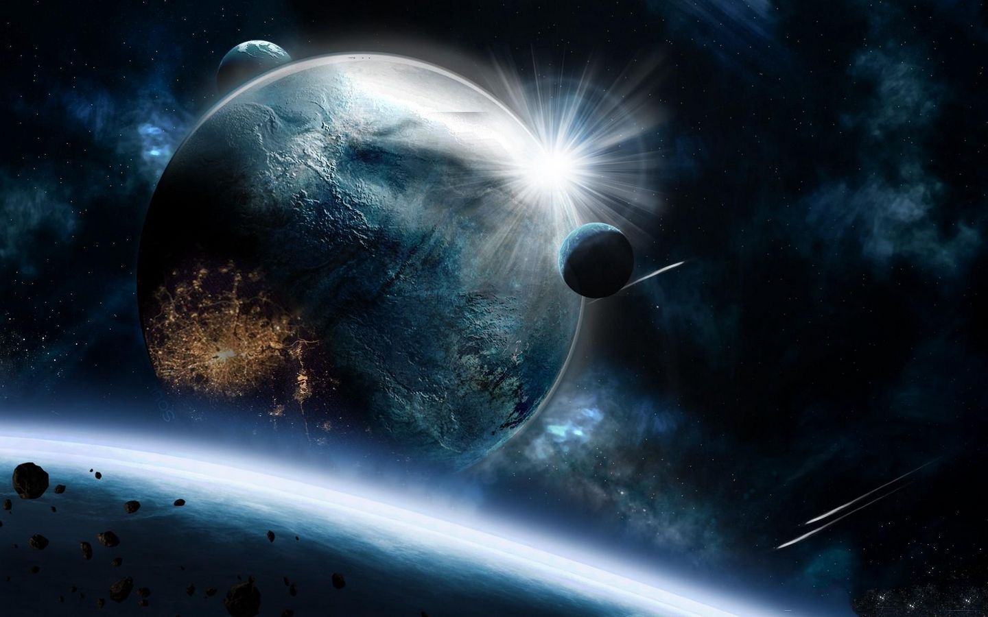 Download wallpaper 1440x900 planets, asteroids, speed, impact