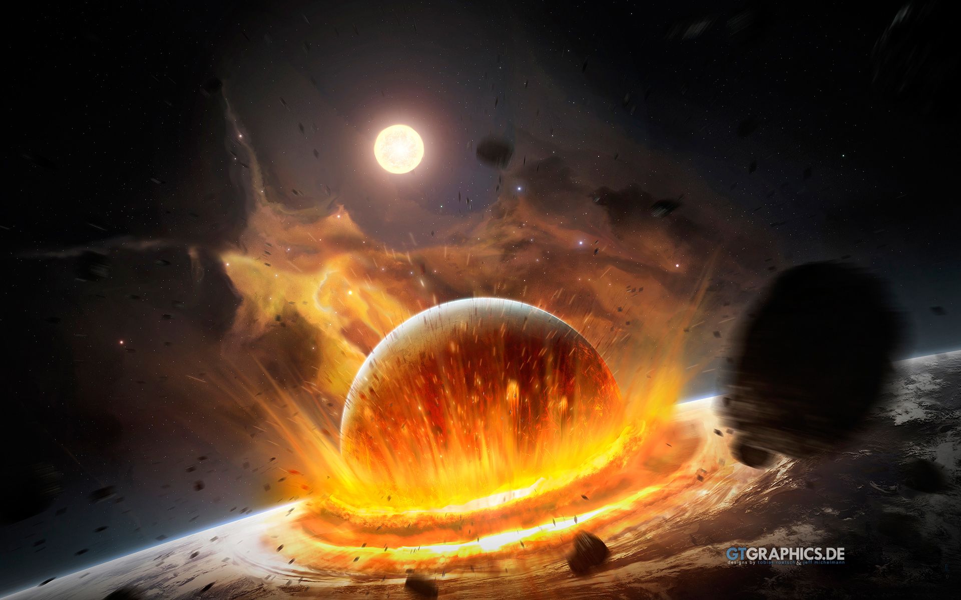 1920x1200 Asteroid, Collision, Explosion, Moon, Planet