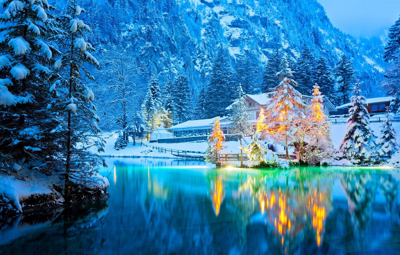 Wallpaper winter, snow, trees, landscape, mountains, nature, lake
