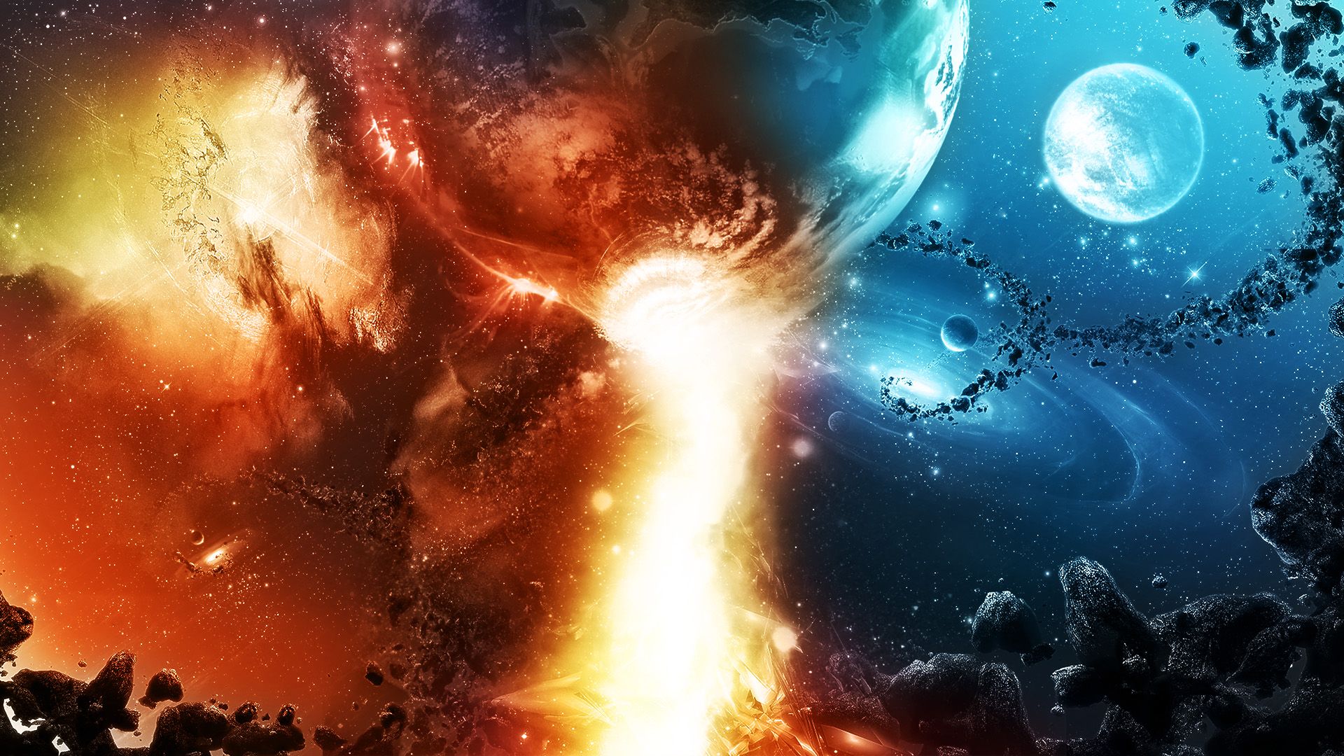 blue, red, planets, fire, asteroids wallpaper