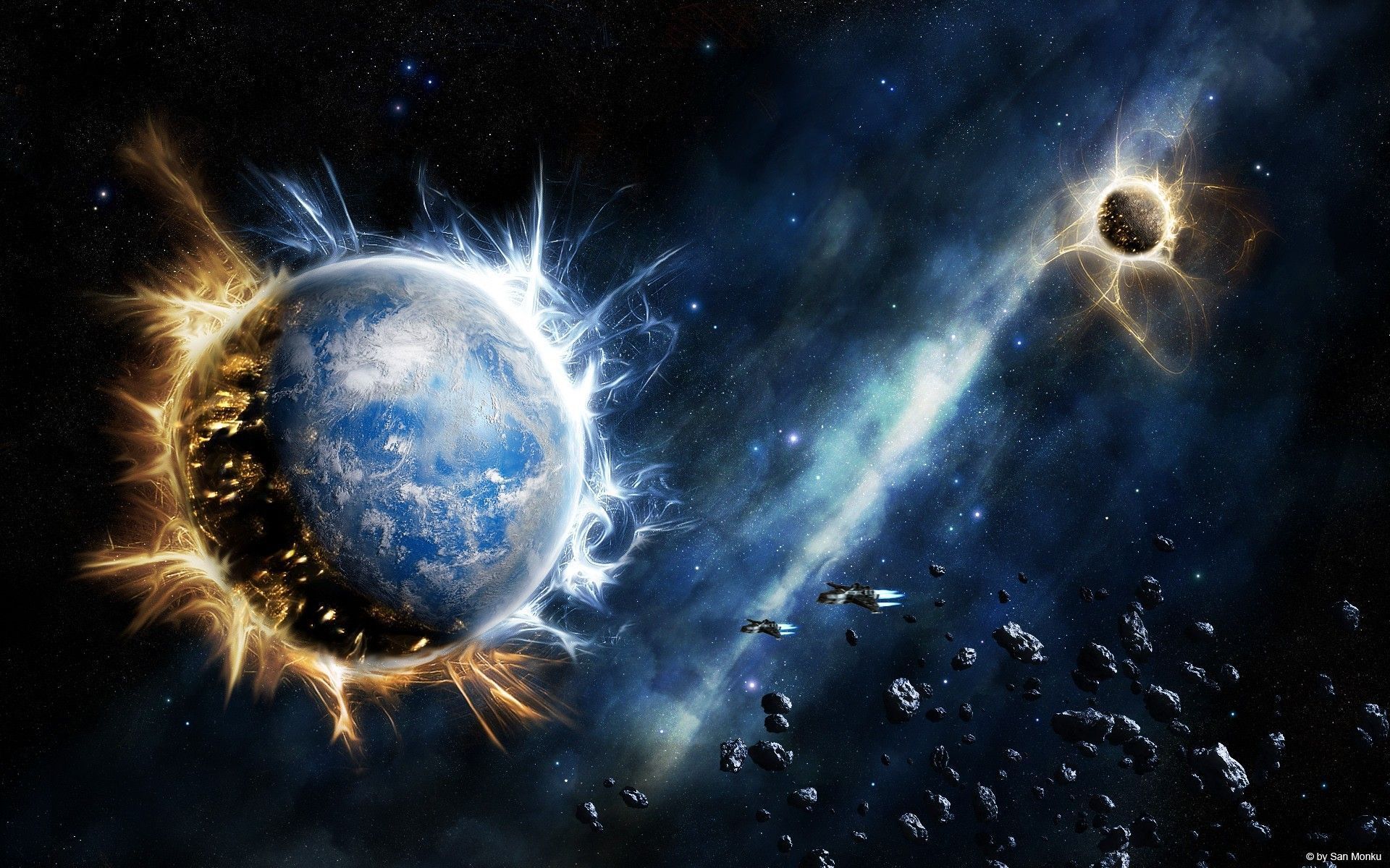 planet, Stars, explosion wallpaper desktop background