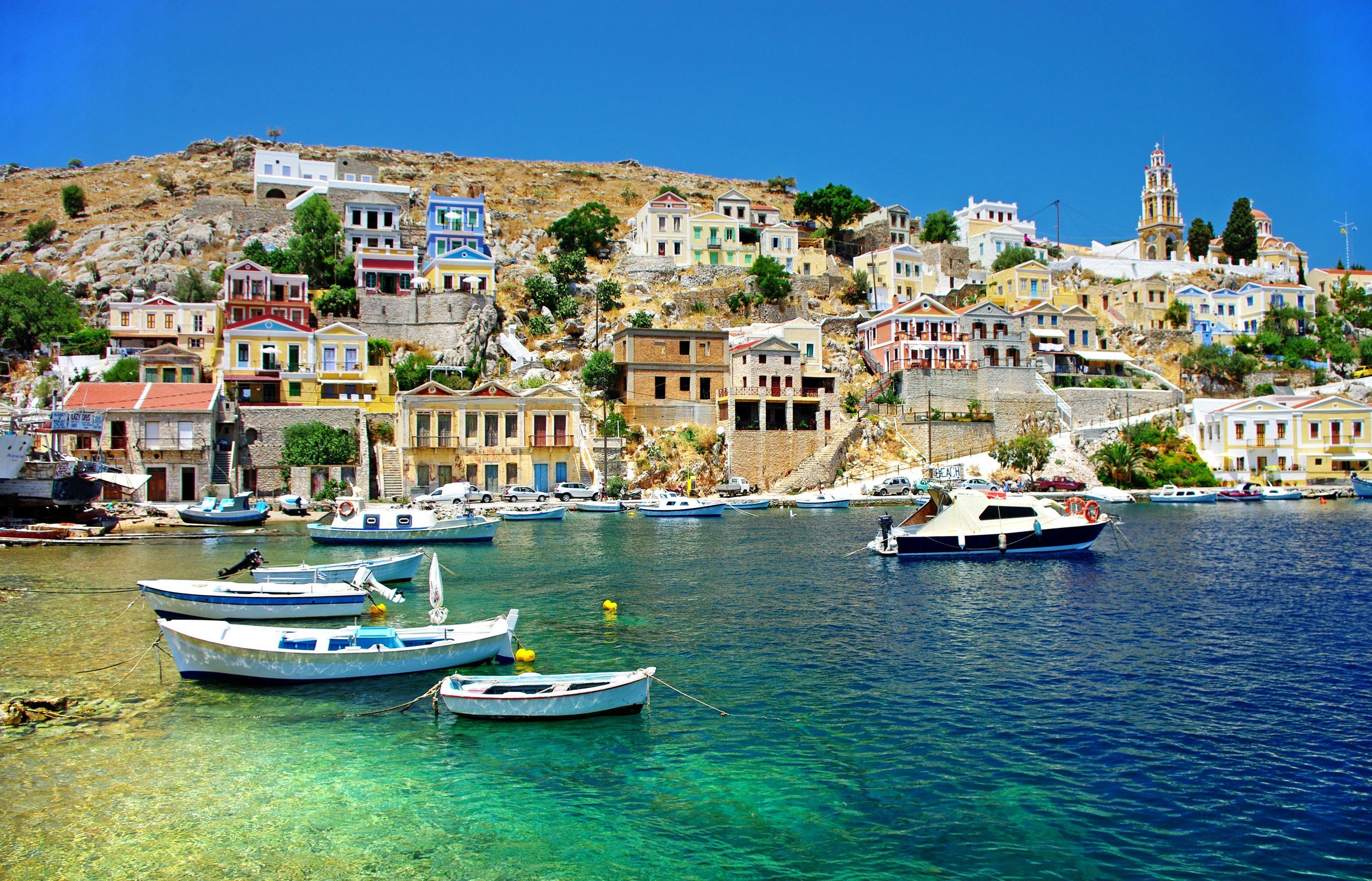 Greece Houses Sea Boats Corfu Cities wallpaperx1800