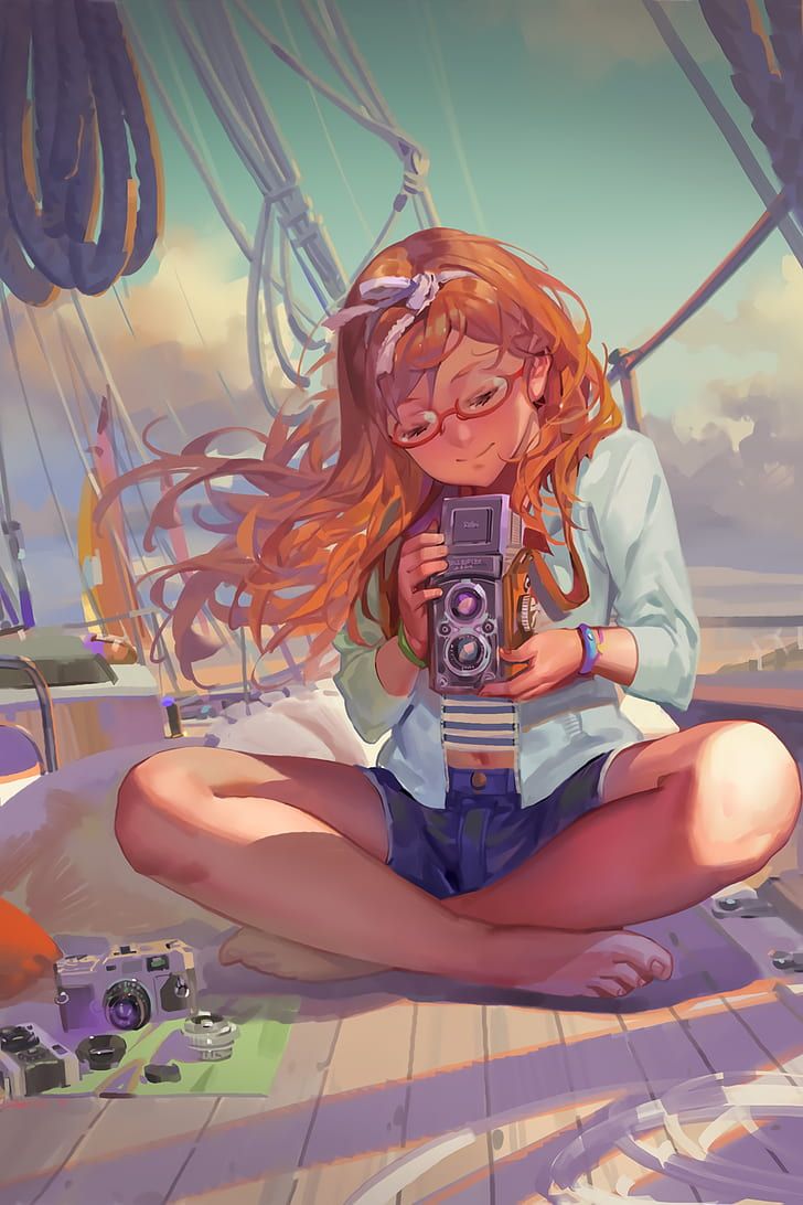 HD wallpaper: phone, anime girls, redhead, glasses, sea