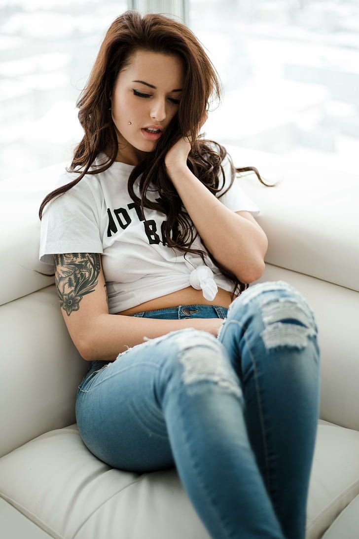 HD Wallpaper: Women, Torn Jeans, Model, T Shirt, Tattoo, Couch