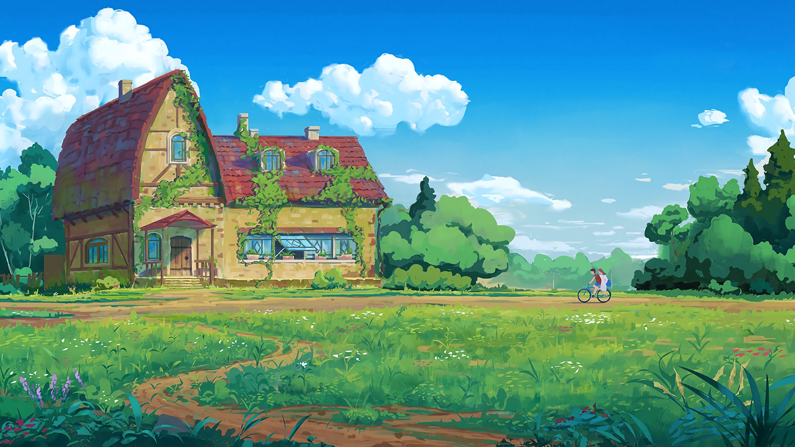 Download wallpaper 2560x1440 house, path, summer, art widescreen