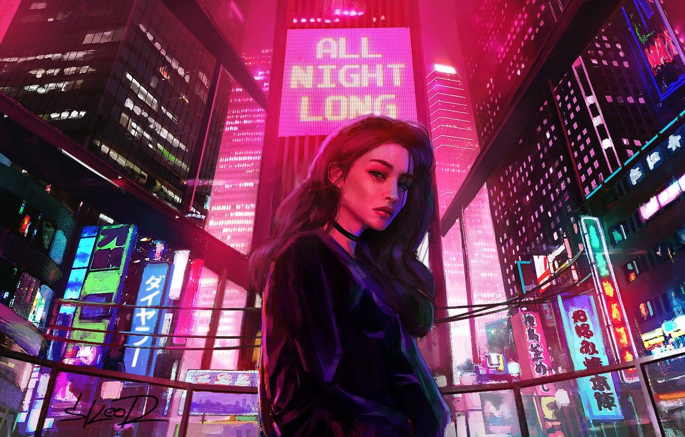 Wallpaper Girl, Lights, Night, The city, Neon, Light, Advertising