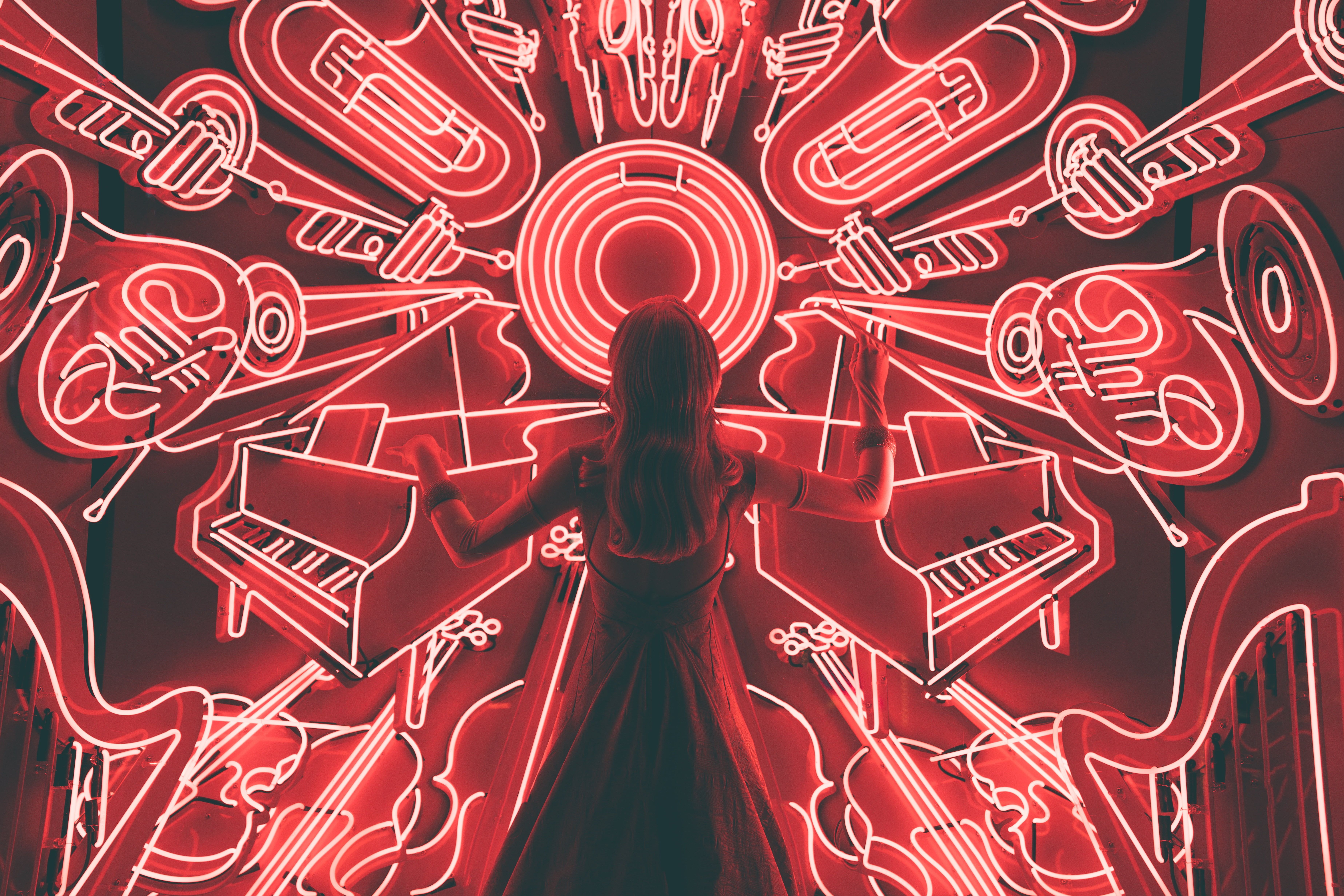 Red neon signages, Girl, Conducting, Light HD wallpaper