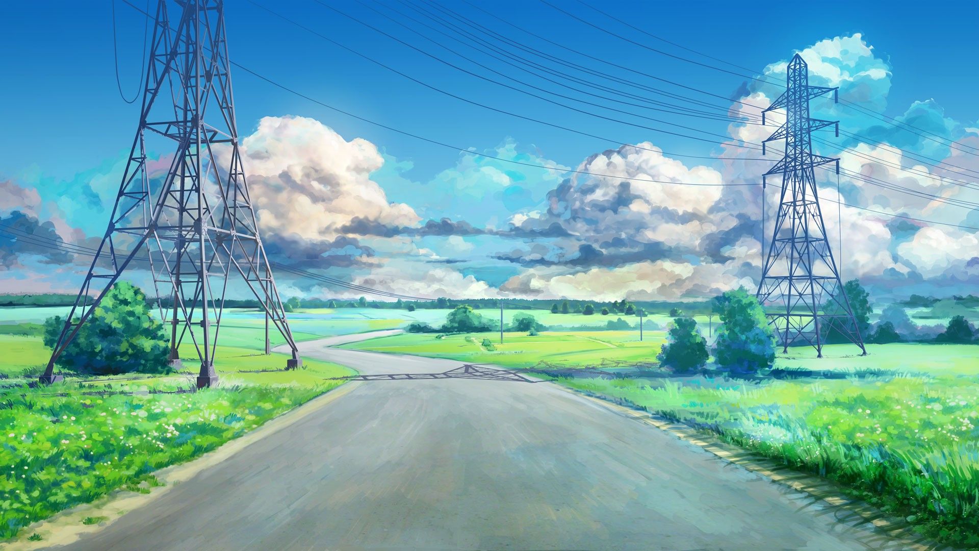 clouds, Blue, Green, ArseniXC, Anime, Landscape, Road, Power Lines