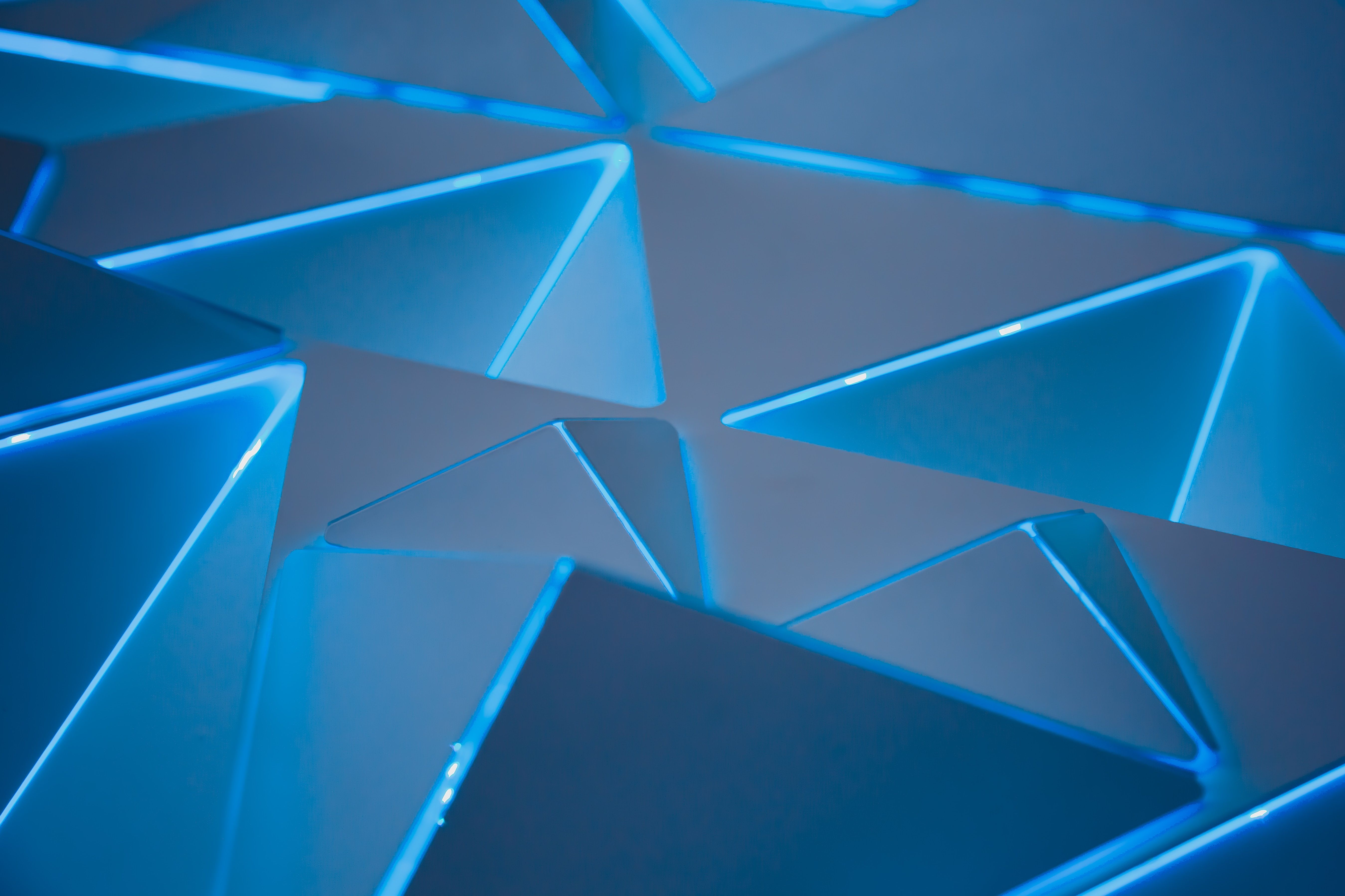 Wallpaper Triangles, Neon, 3D, Blue, Geometric, Pattern, 5K