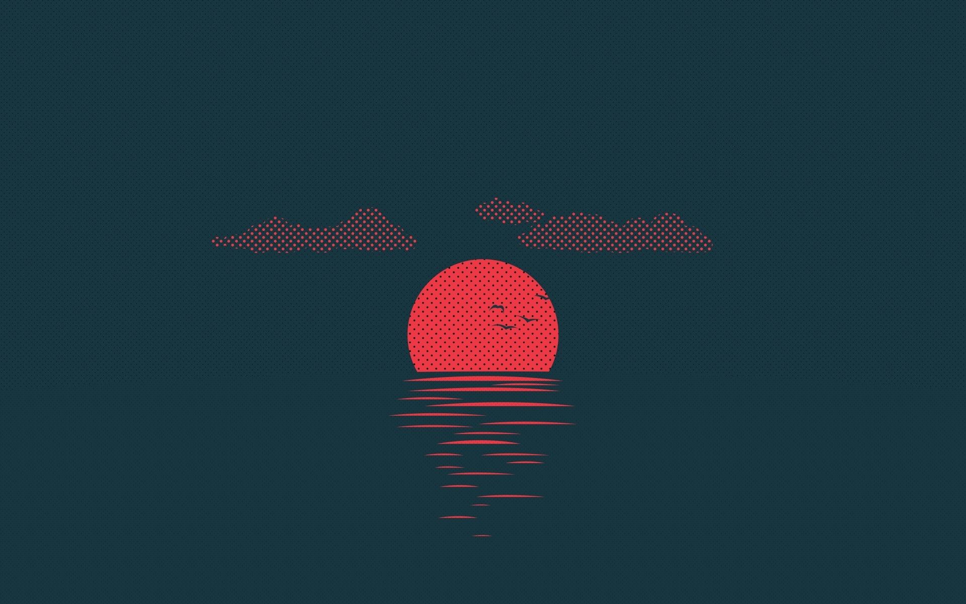 Download 1920x1200 Red Sun, Waves, Birds, Sunset, Clouds
