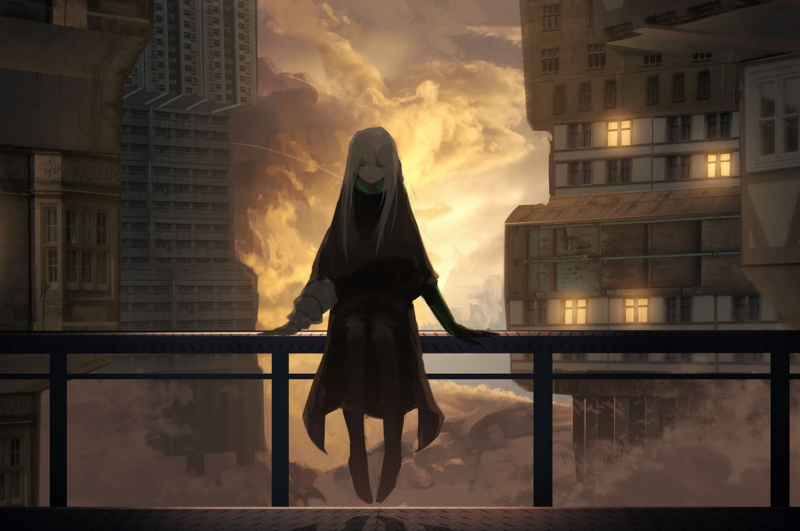 Download 2560x1700 Anime Girl, Buildings, Clouds, Depressed