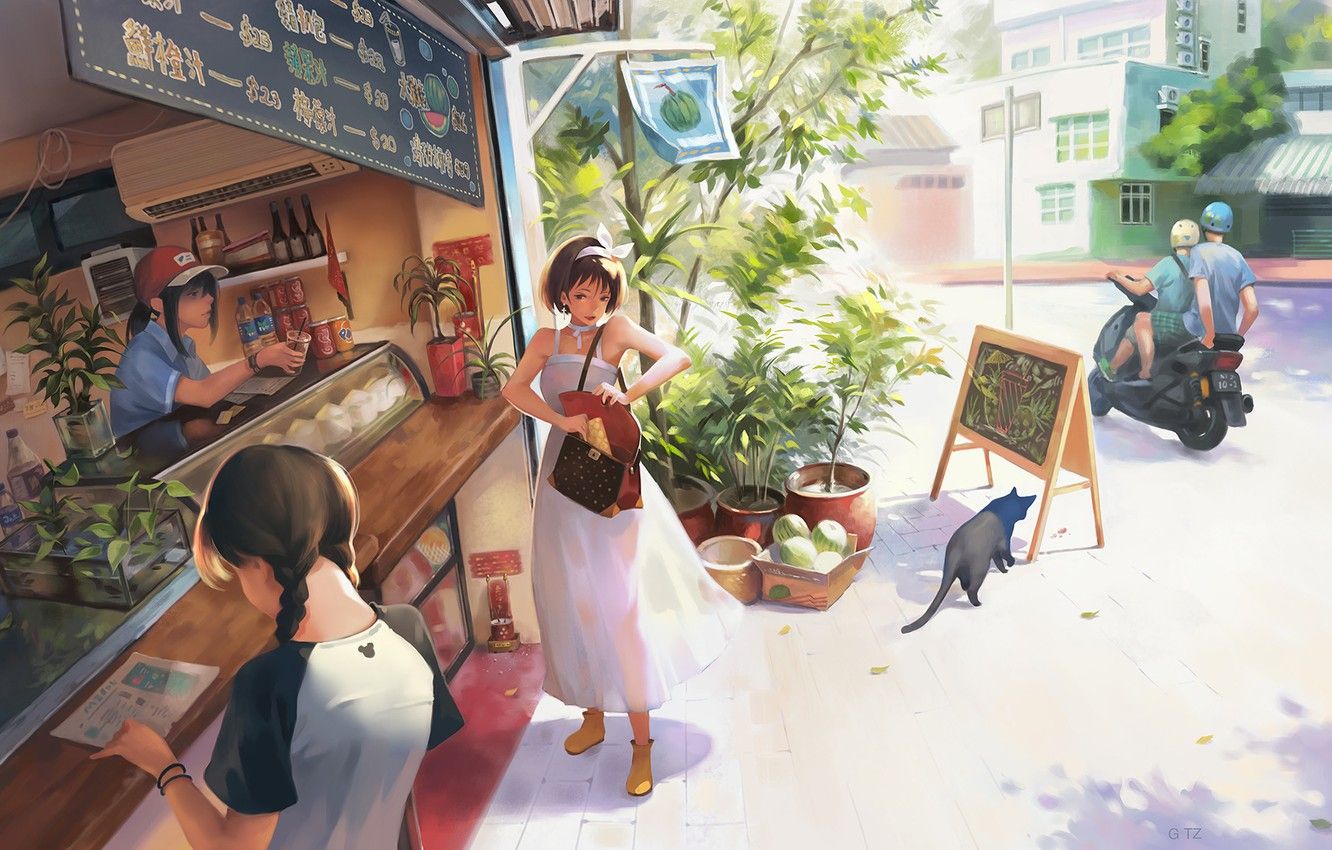 Wallpaper street, anime, art, weekdays, shop, cafe, Taejune Kim, A warm day image for desktop, section арт
