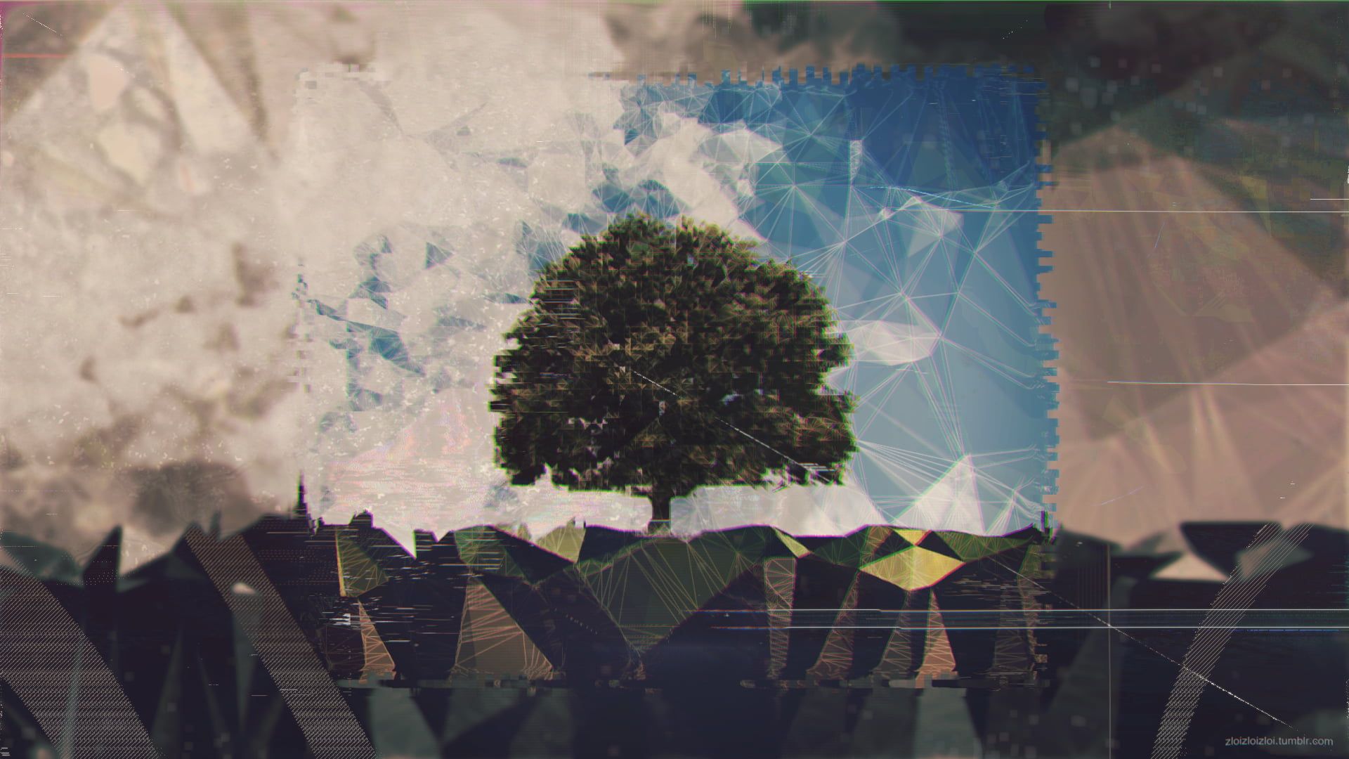 Green leafed tree illustration, glitch art, noise, abstract