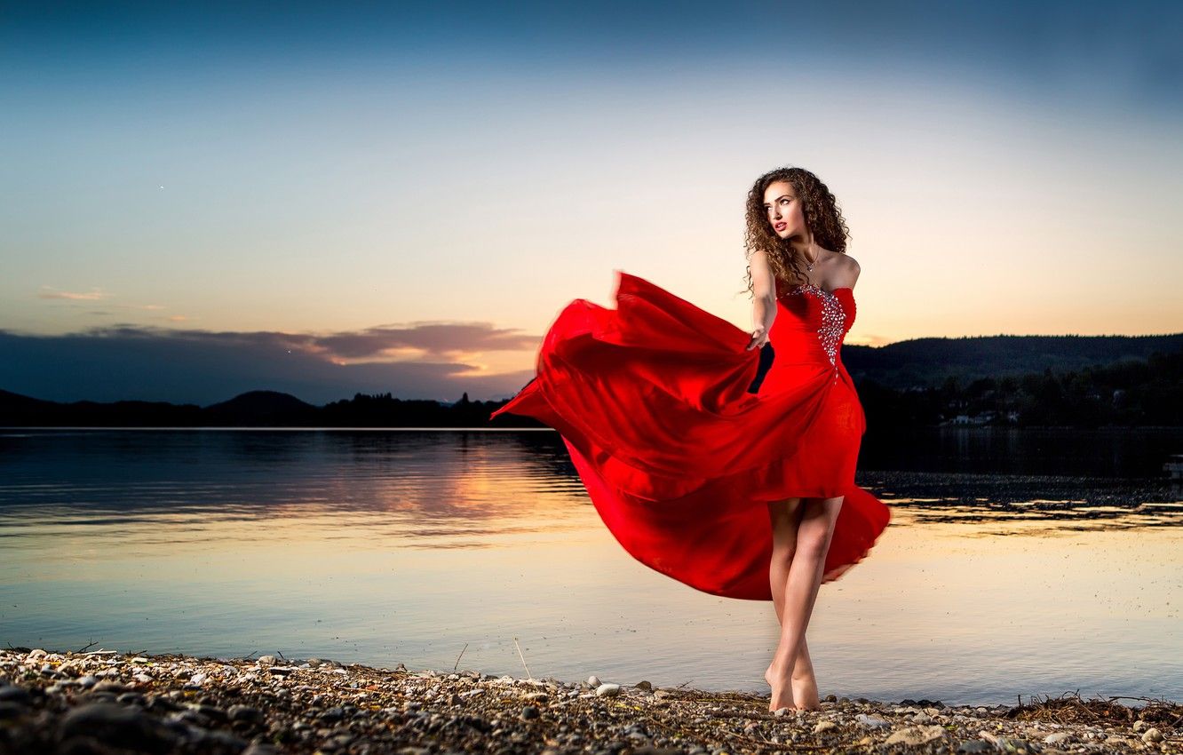 Wallpaper girl, shore, dance, dress, in red, sunset dance image