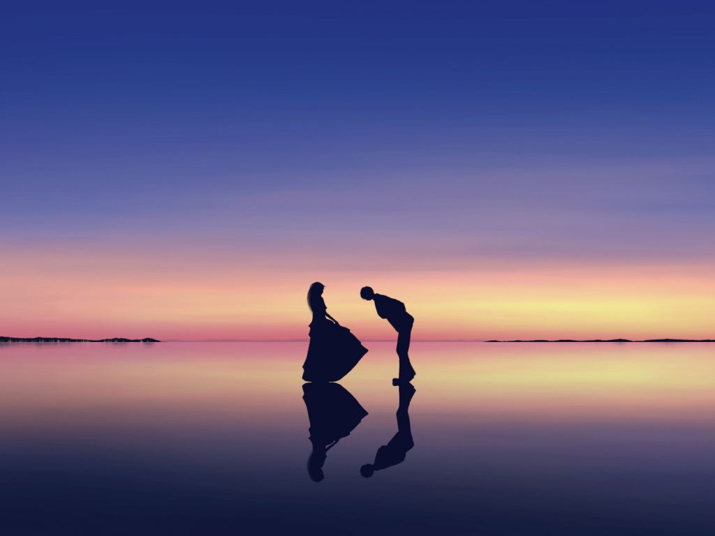 Desktop wallpaper sunset, silhouette, couple, reflections, dance
