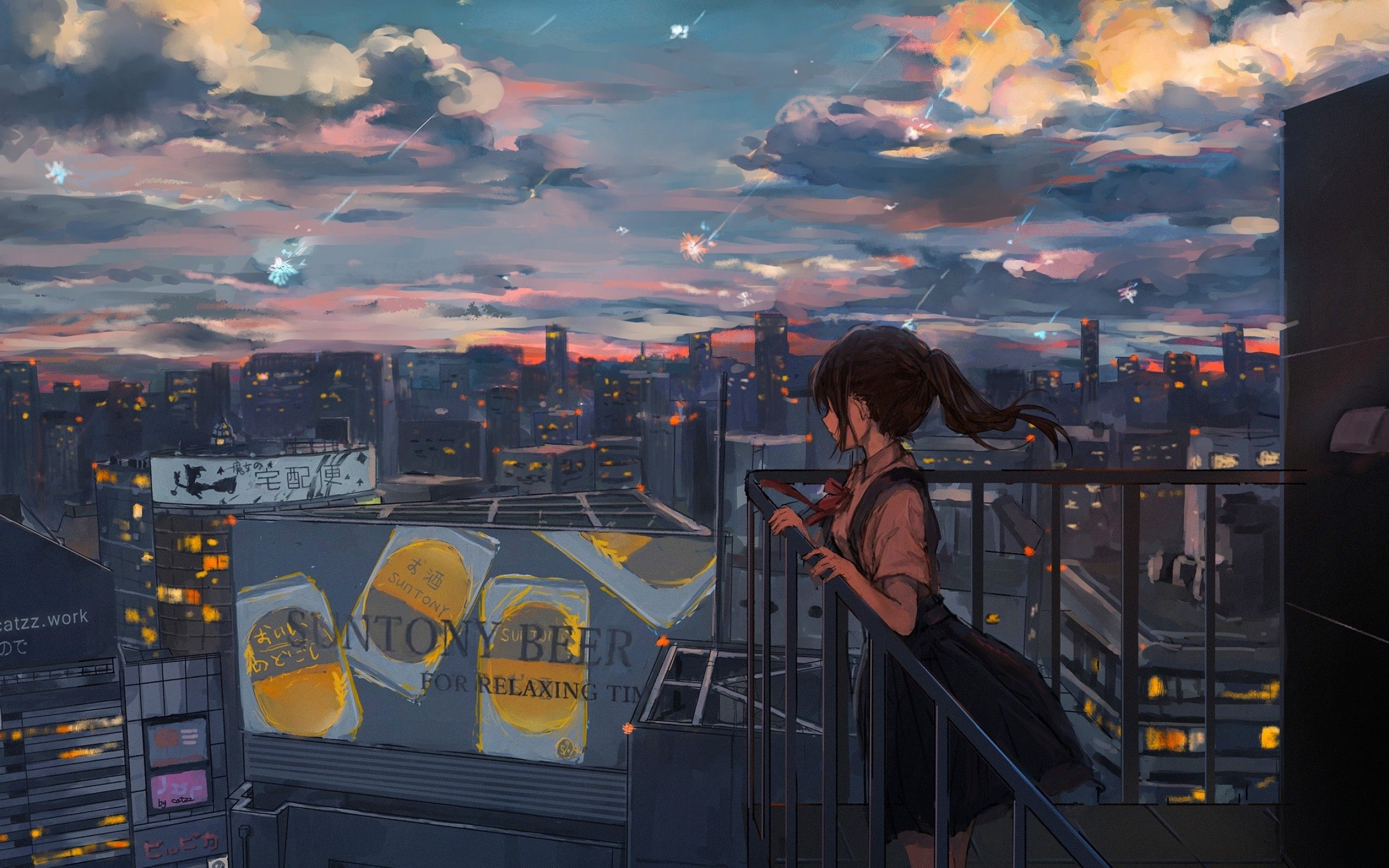 Download 2560x1600 Anime Girl, Sadness, Falling Stars, Cityscape