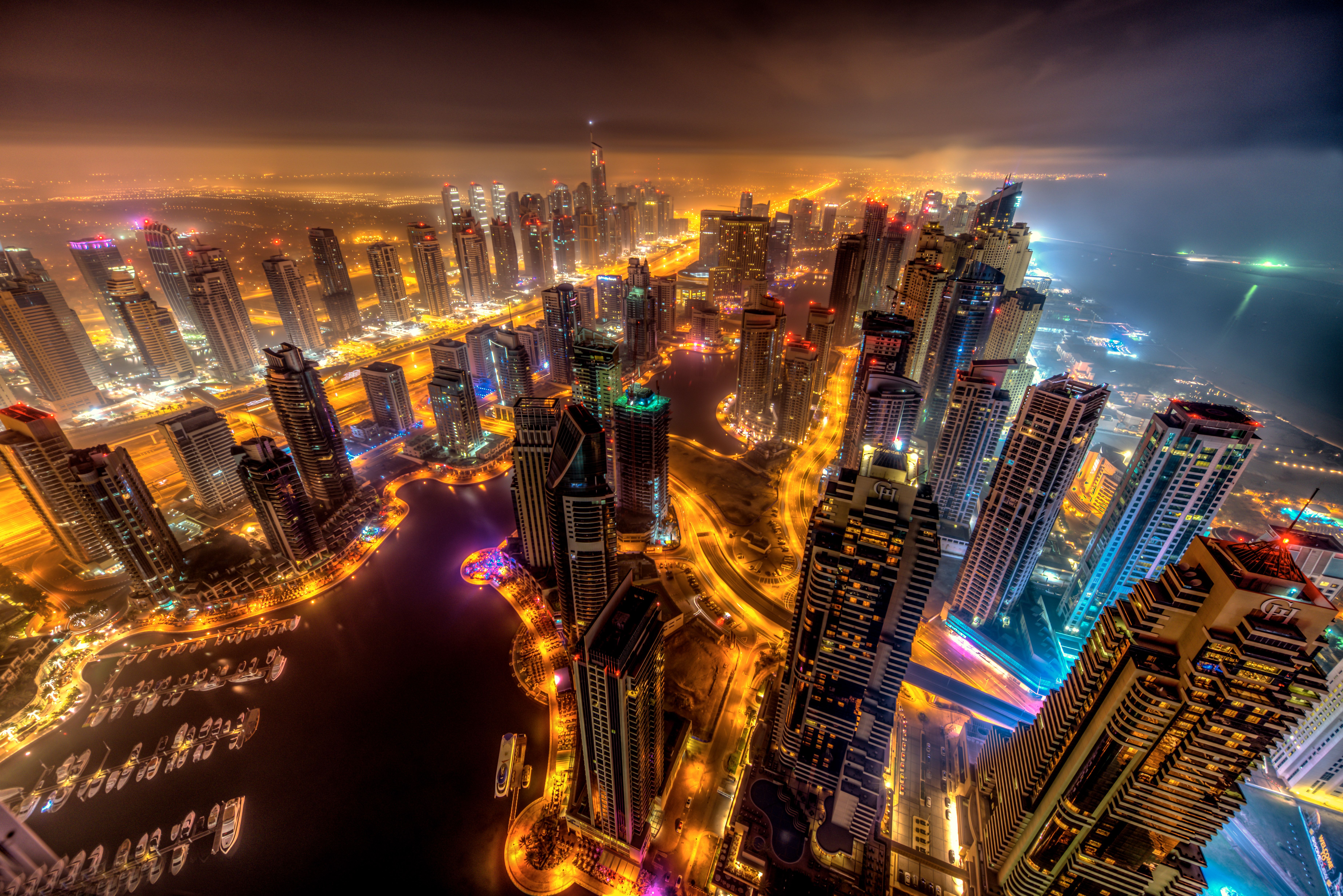 Dubai Buildings Night Lights Top View 8k, HD World, 4k Wallpaper