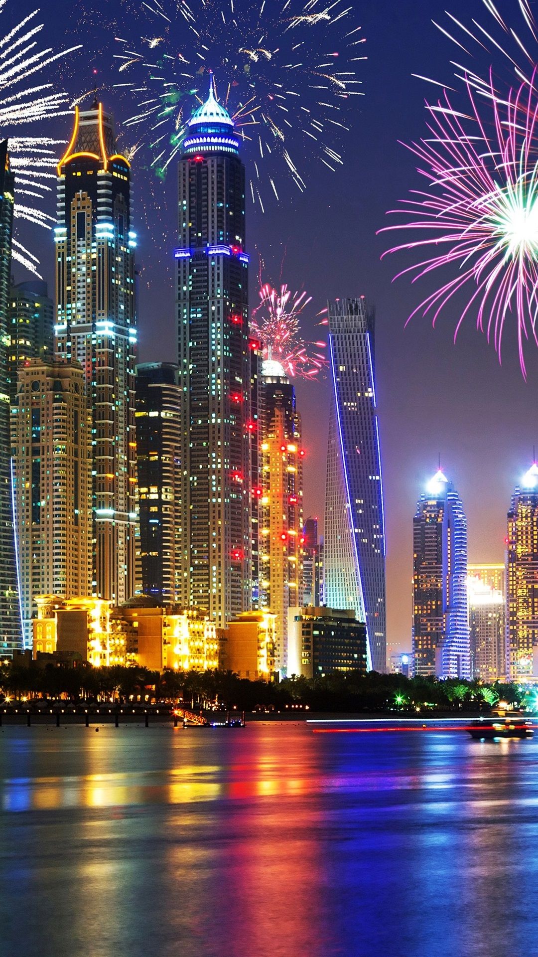 Wallpaper UAE, Dubai, beautiful night, waterfront, skyscrapers