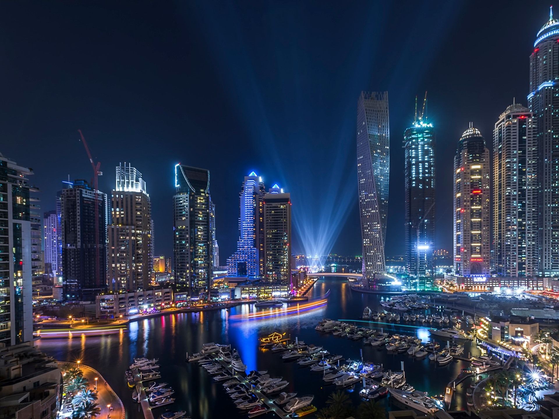Wallpaper UAE, Dubai, night, skyscrapers, lights, boats, river