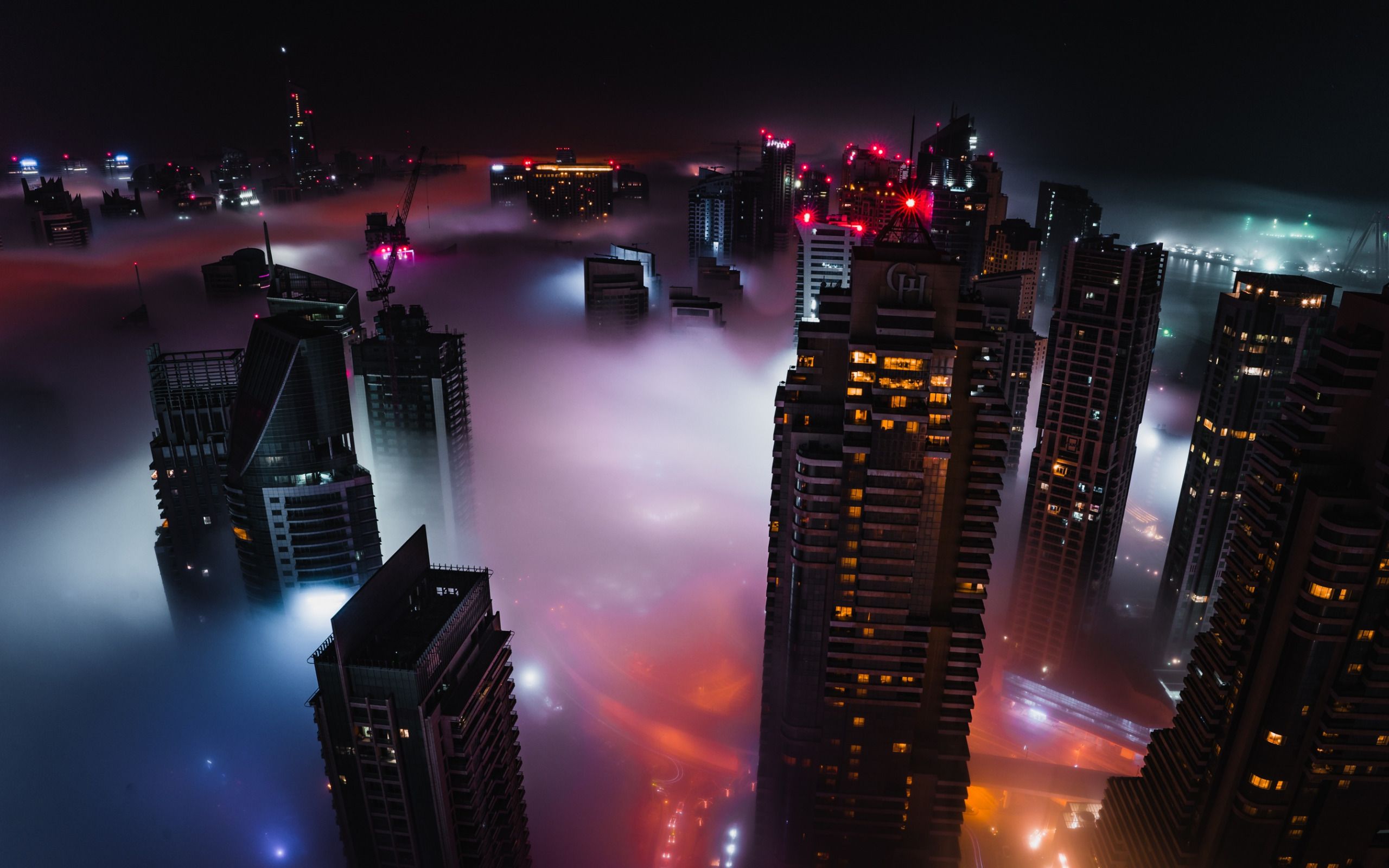 Download wallpaper Dubai, fog, clouds, night, lights, skyscrapers