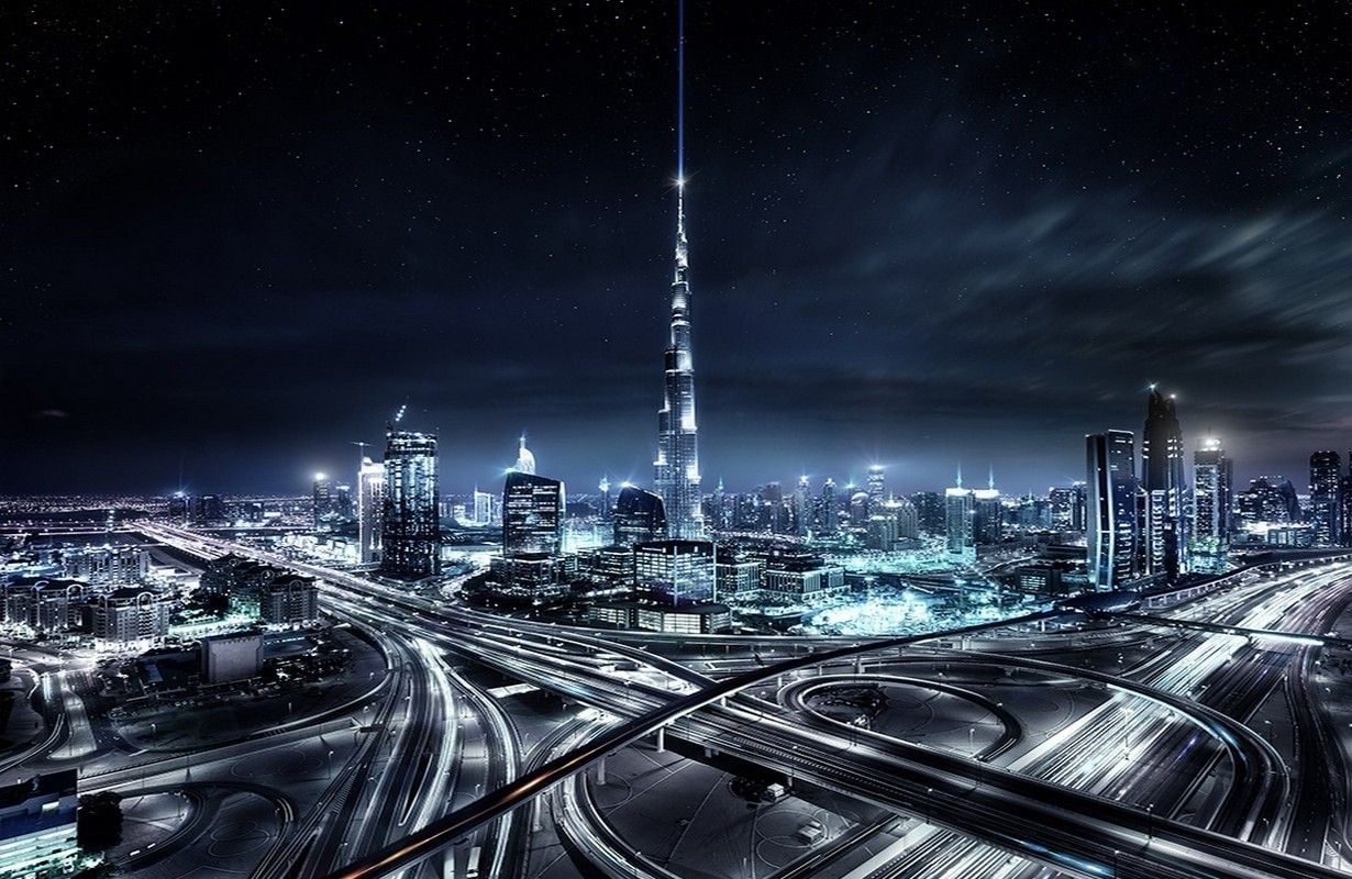 Cityscape, Skyscraper, Dubai, United Arab Emirates, Night, Lights