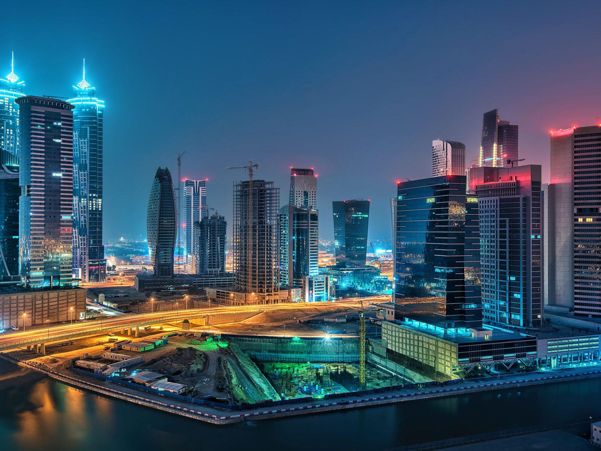 Dubai United Arab Emirates Cityscape Roads Night Lights Concrete