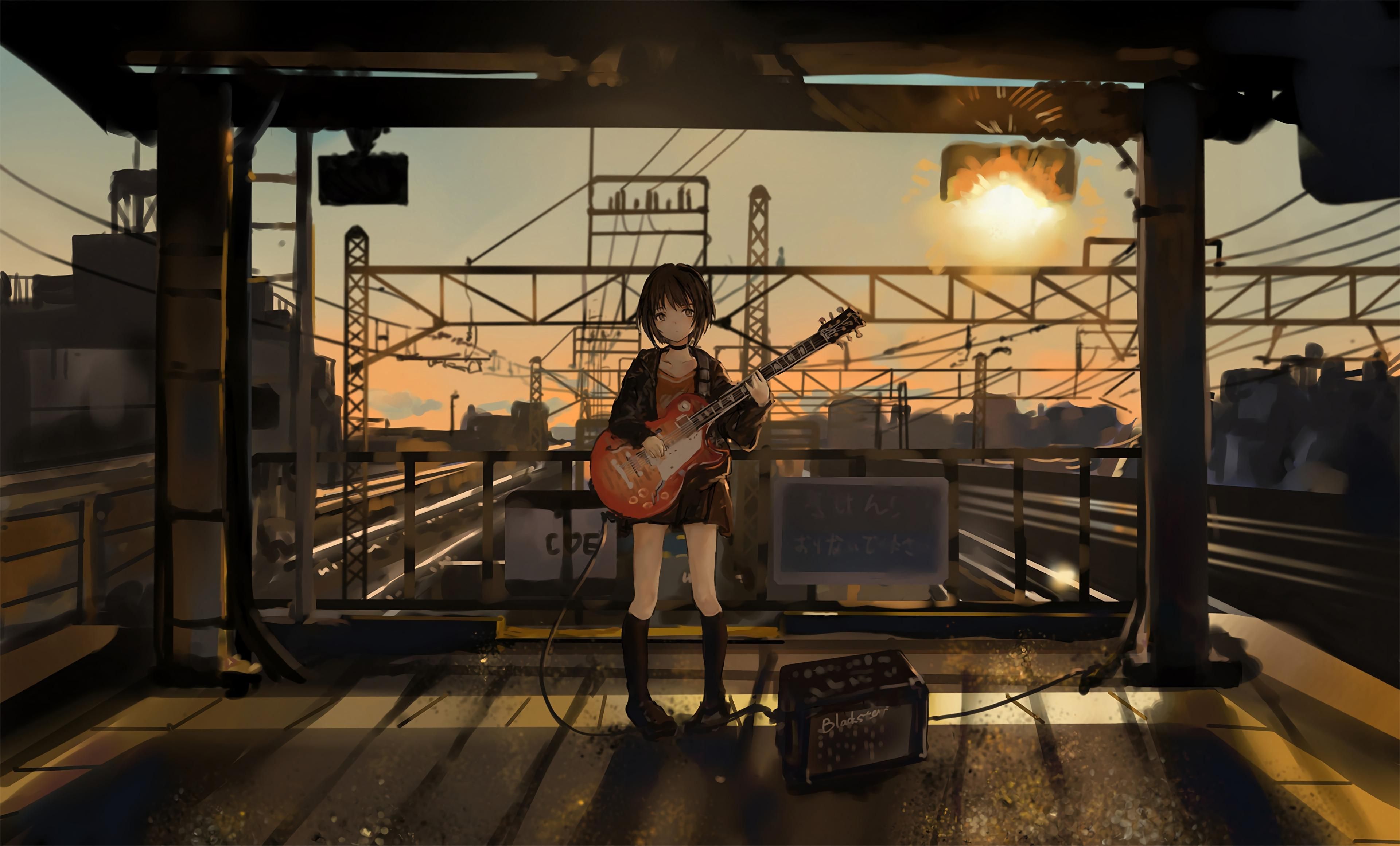 wallpaper girl, guitar, anime, musician, electric guitar, art HD