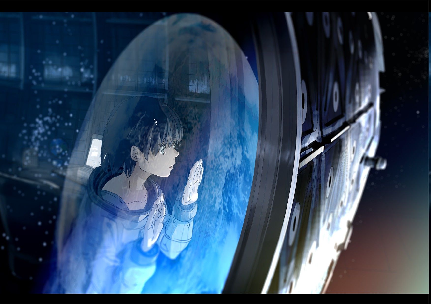 anime, Landscape, Green Eyes, Kurono Kuro, Space, Spaceship, Short Hair, Earth Wallpaper HD / Desktop and Mobile Background