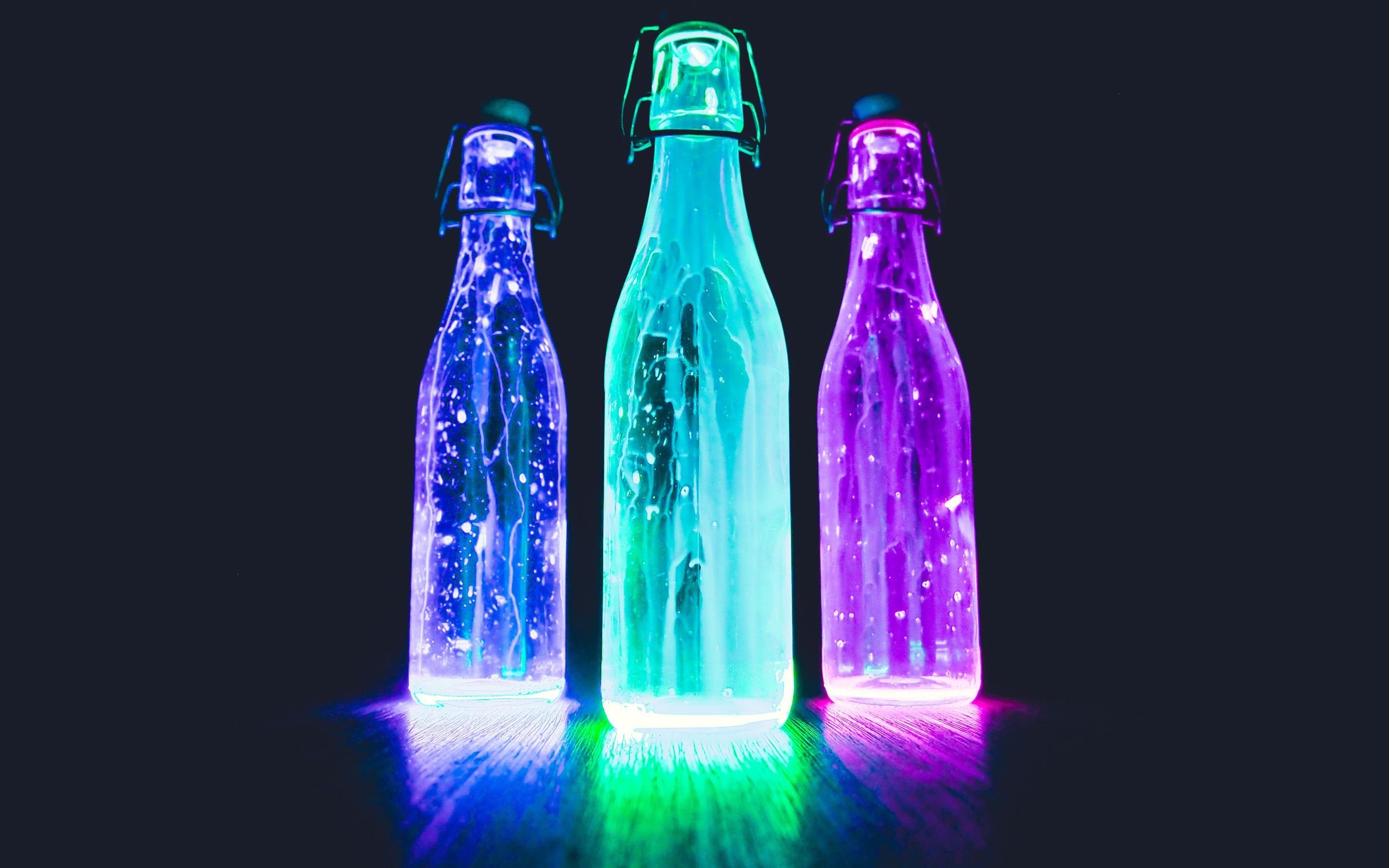 Wallpaper Glow light bottles, neon, liquid, black background