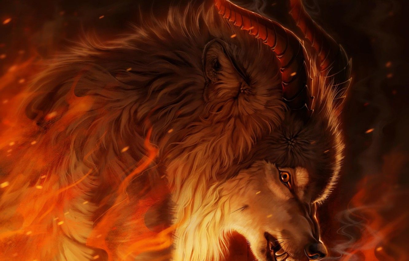 Wallpaper fire, wolf, fantasy, Horny, by Pixxus image for desktop