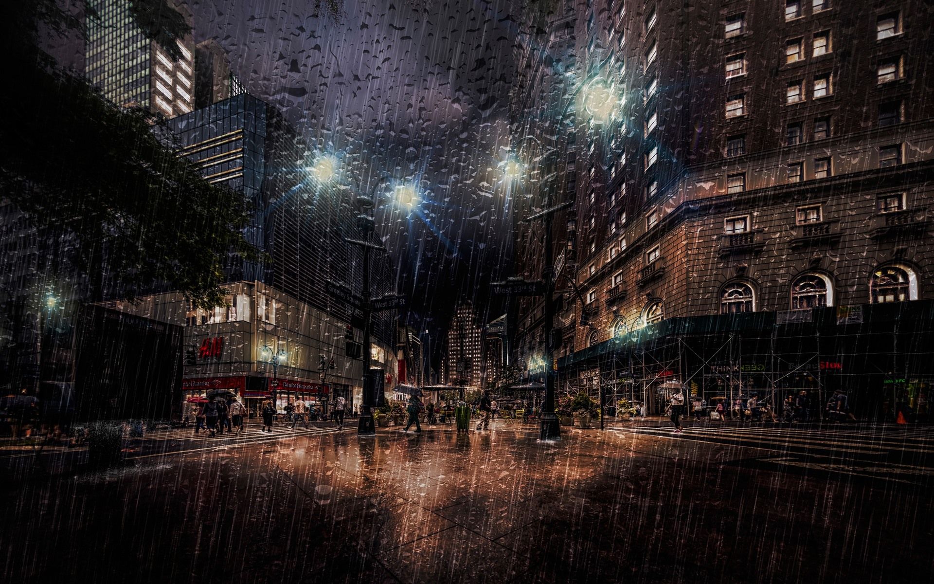 Wallpaper New York, night, street, heavy rain, lights, USA