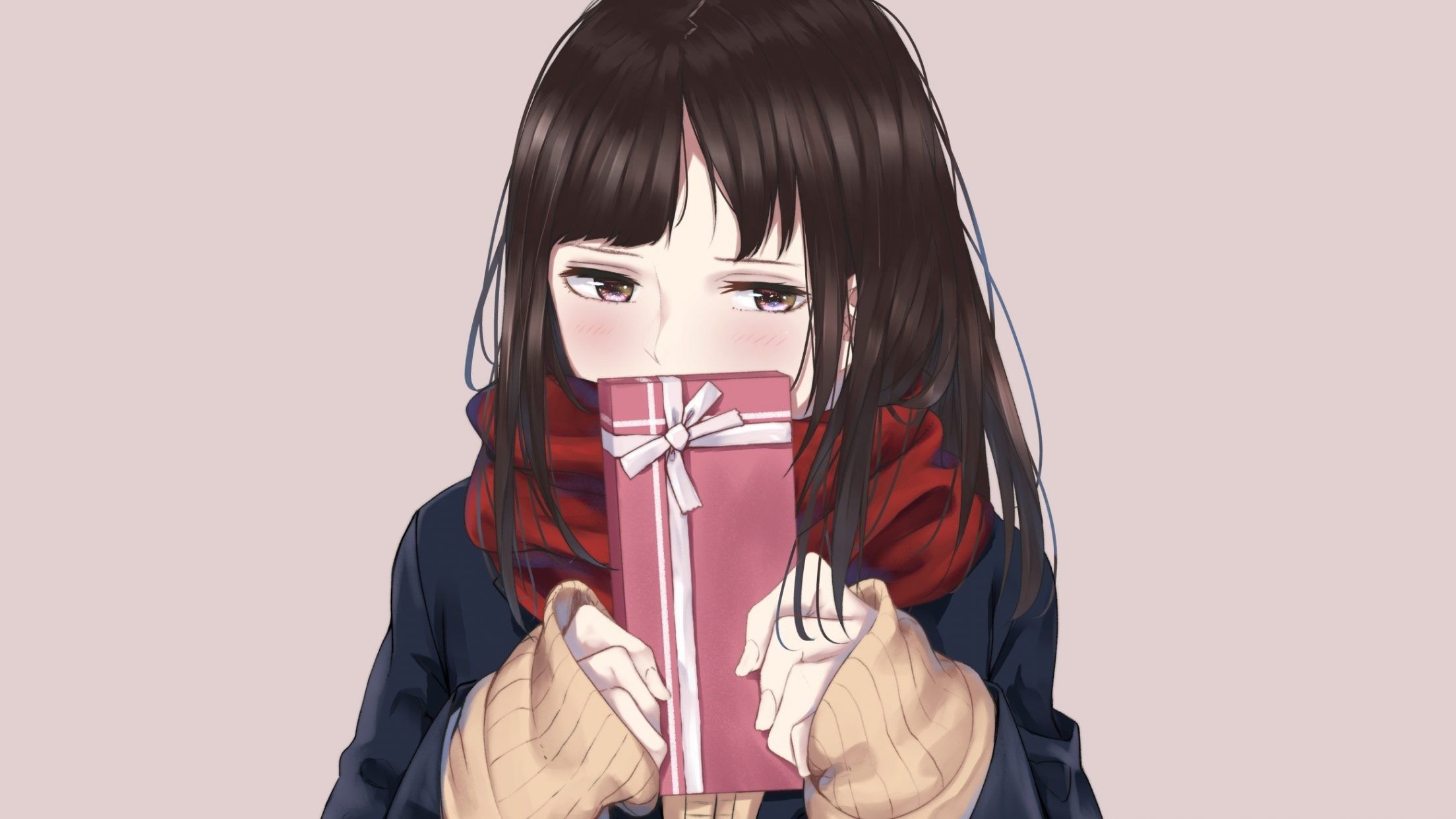 Cute Anime Girl Shy Gift Box Wallpaper