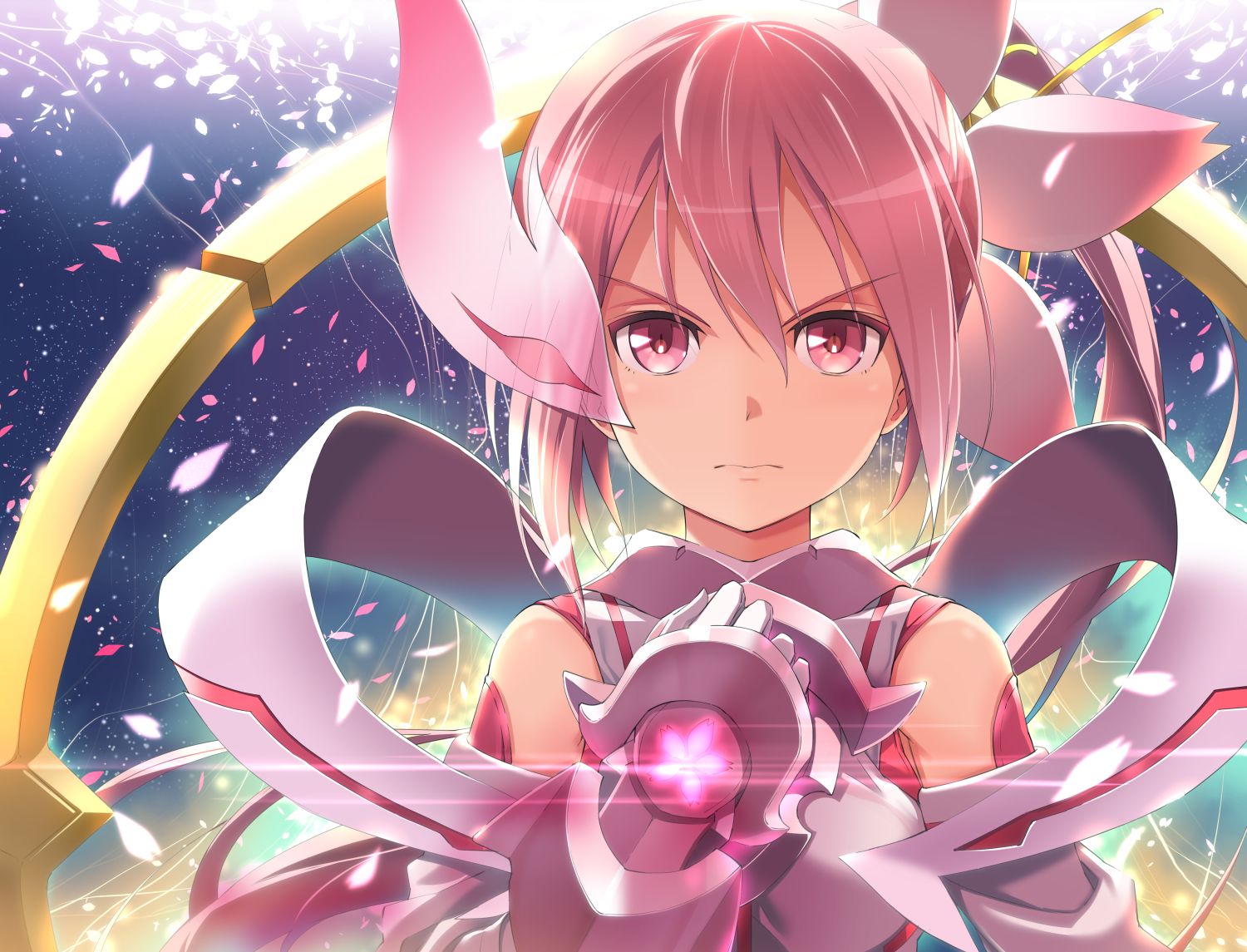 gloves michairu petals pink eyes pink hair ribbons short hair