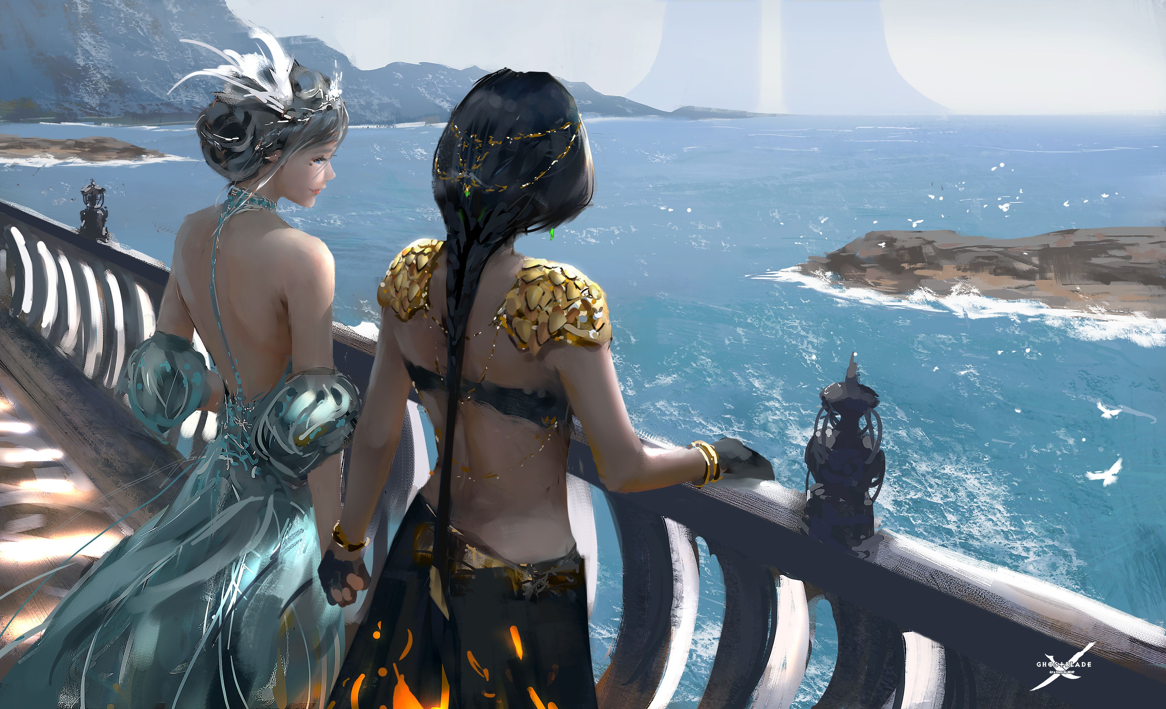 Women Standing At Balcony Looking Sea Digital Art Fantasy Girls