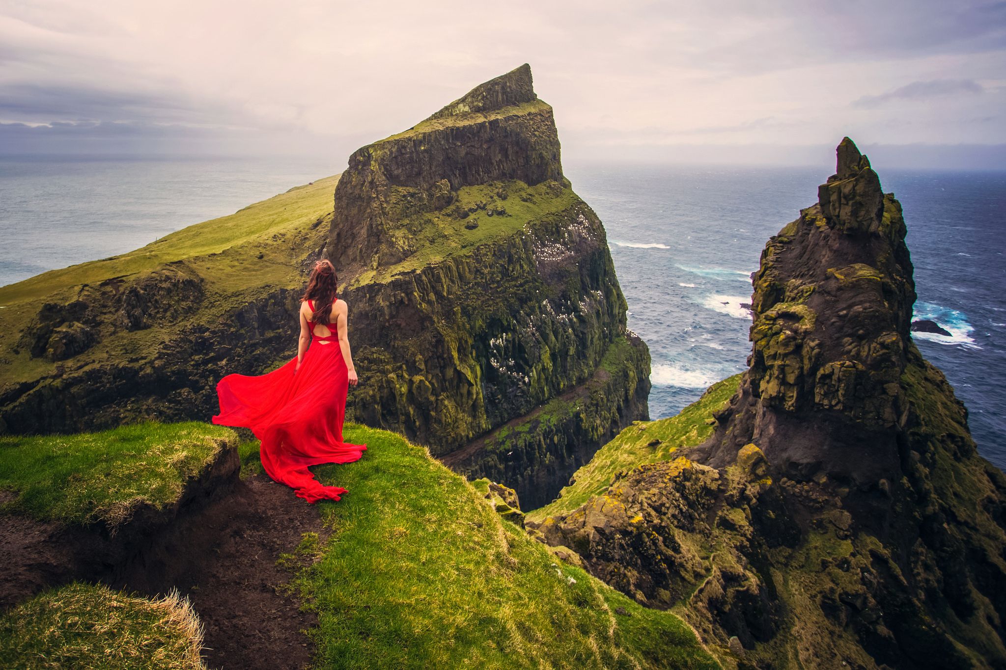 Women Rear Stone Horizon Woman Girl Red Dress Mountain Cliff Ocean