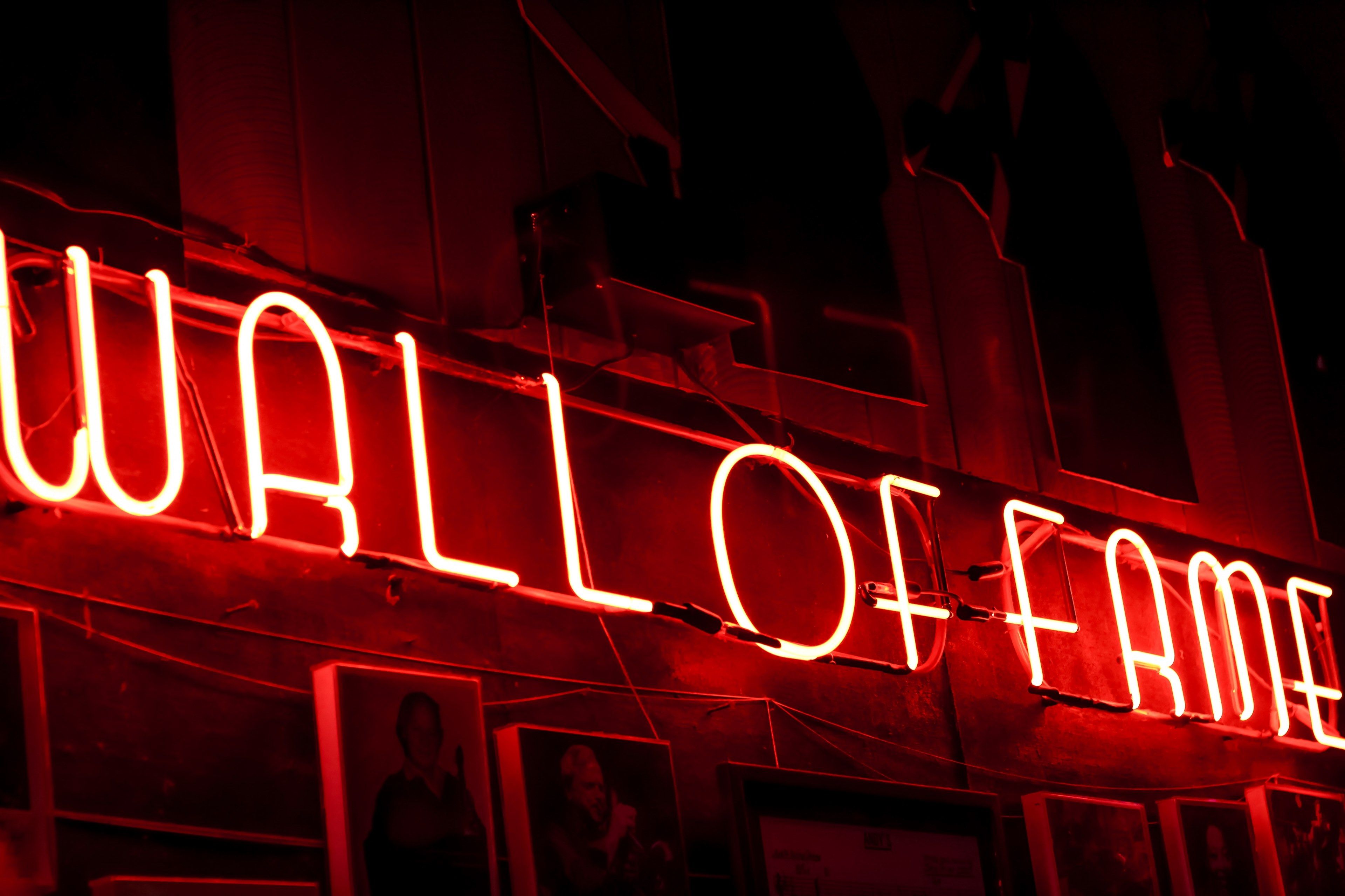 wall of fame neon sign and red sign HD 4k wallpaper and background