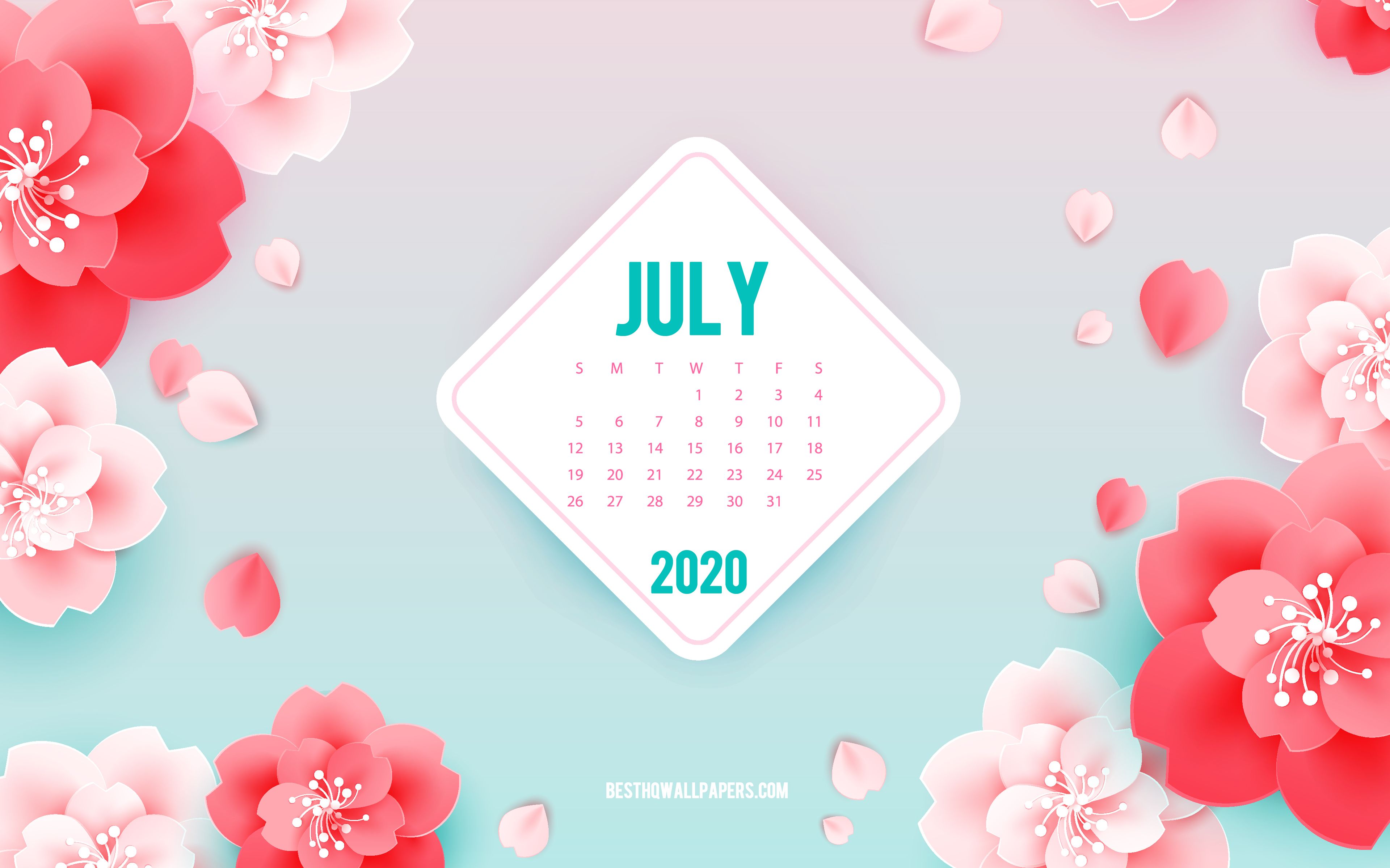Download wallpaper 2020 July Calendar, pink flowers, spring art