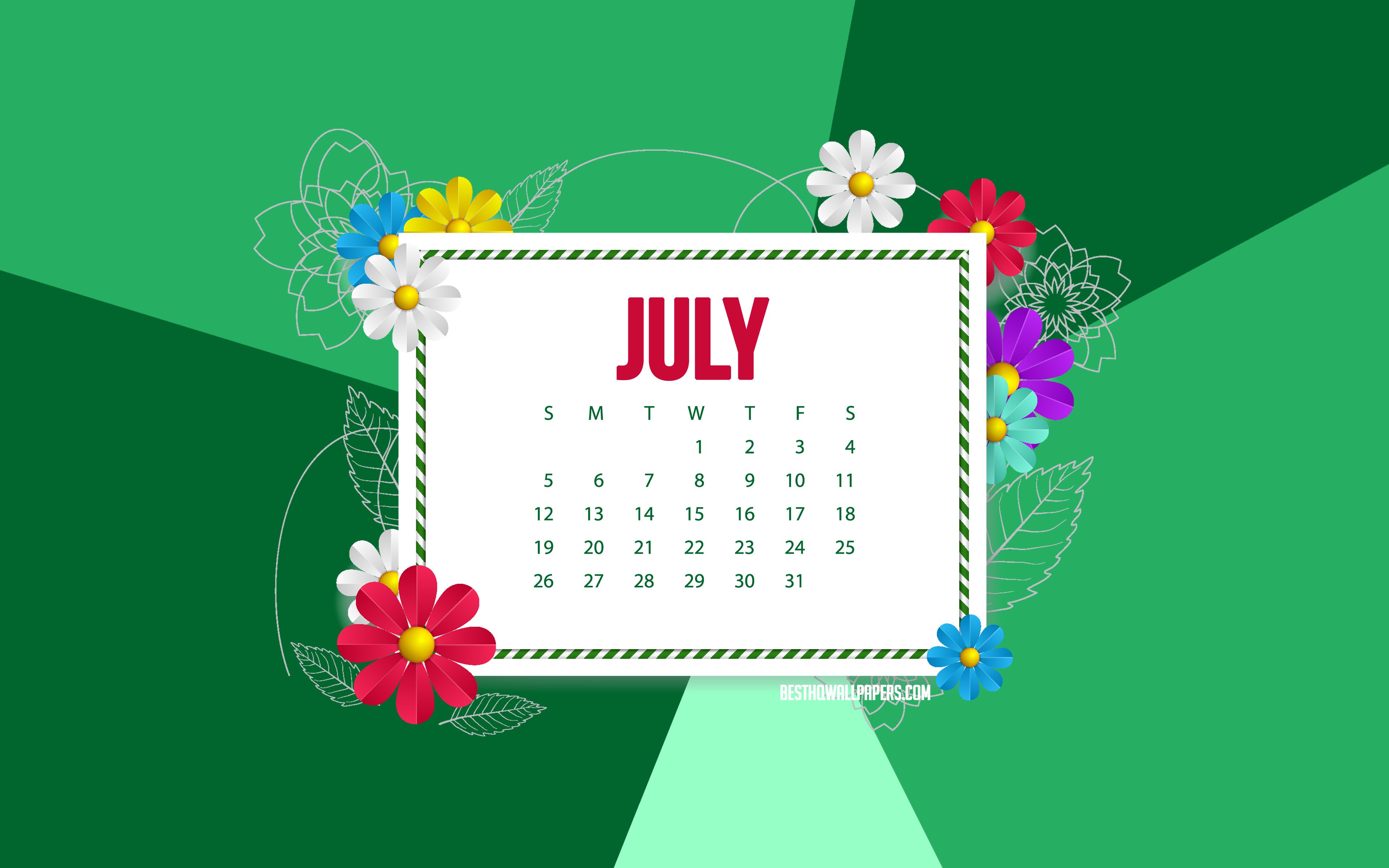 Download wallpaper 2020 July Calendar, green background, frame
