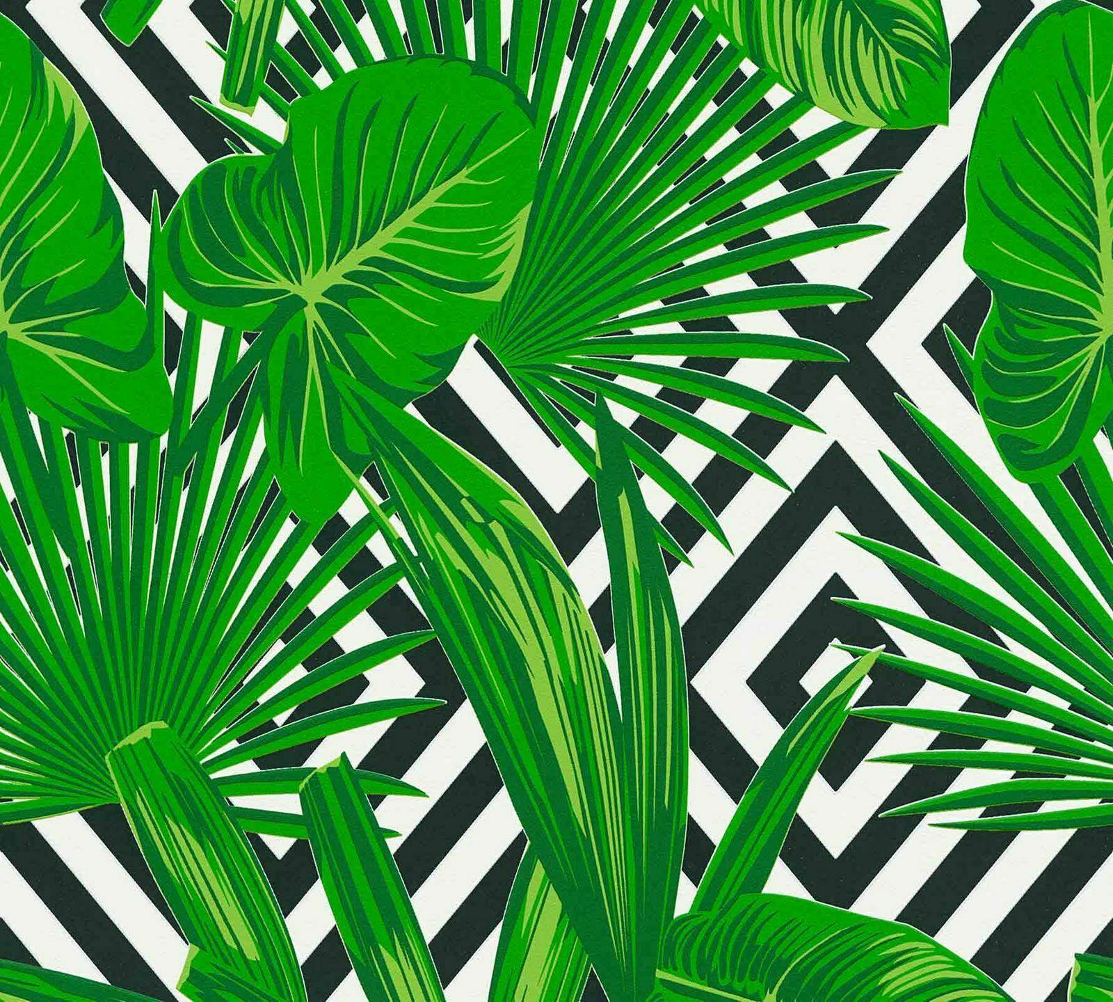 Tropical Leaf Wallpaper Leaves Diamond Geometric Green Black White