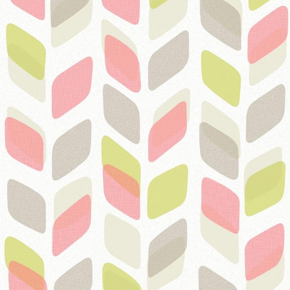 Pink Green Grey White Geometric Leaf Wallpaper Retro Vinyl Paste