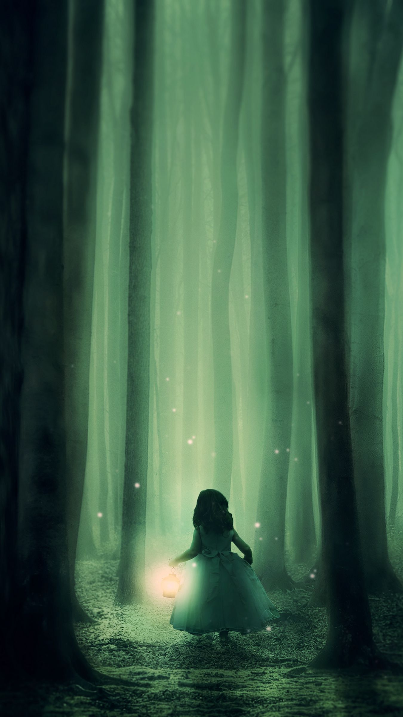 Download wallpaper 1350x2400 child, forest, fog, night, fabulous