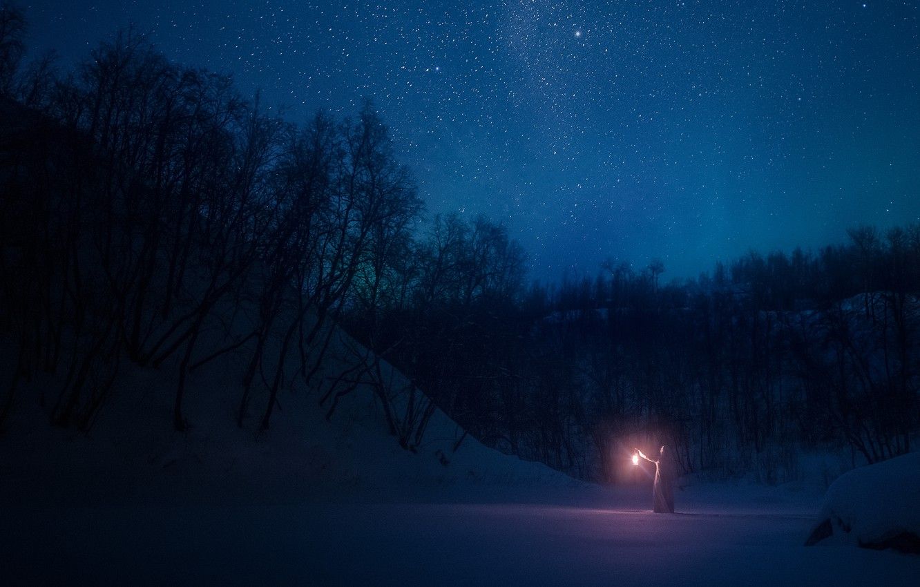 Wallpaper winter, forest, girl, stars, snow, night, lantern