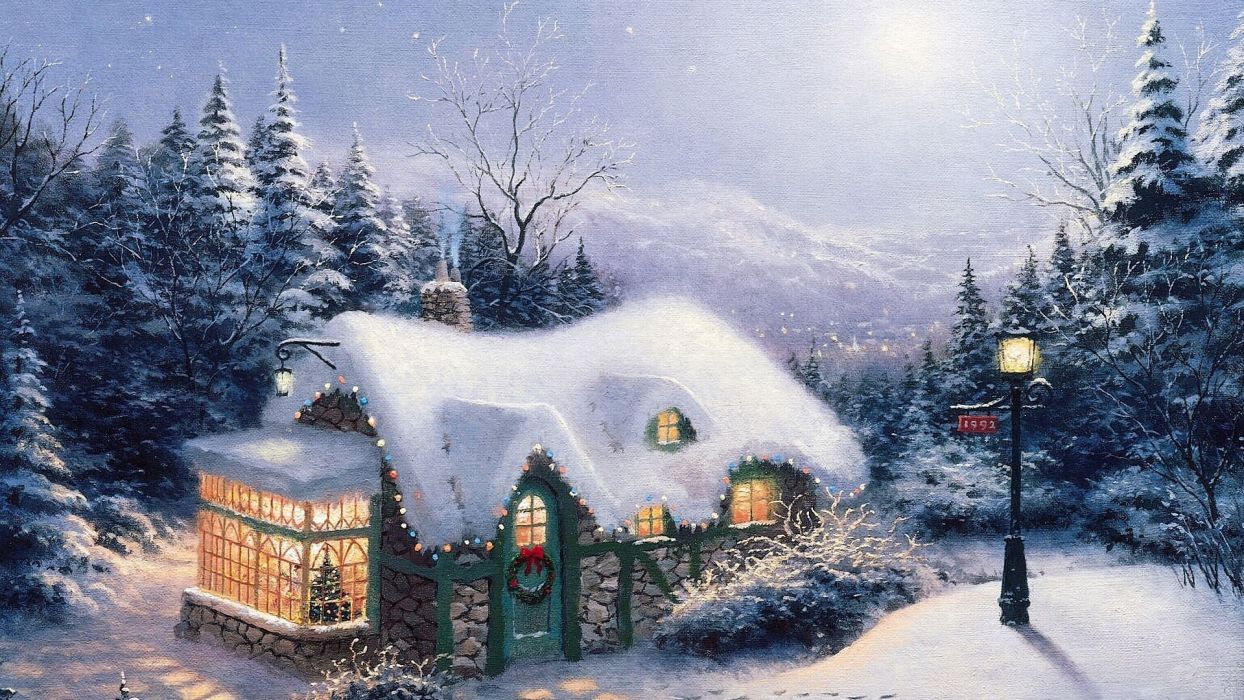 Landscapes painting picture Christmas New Year silent night lodge