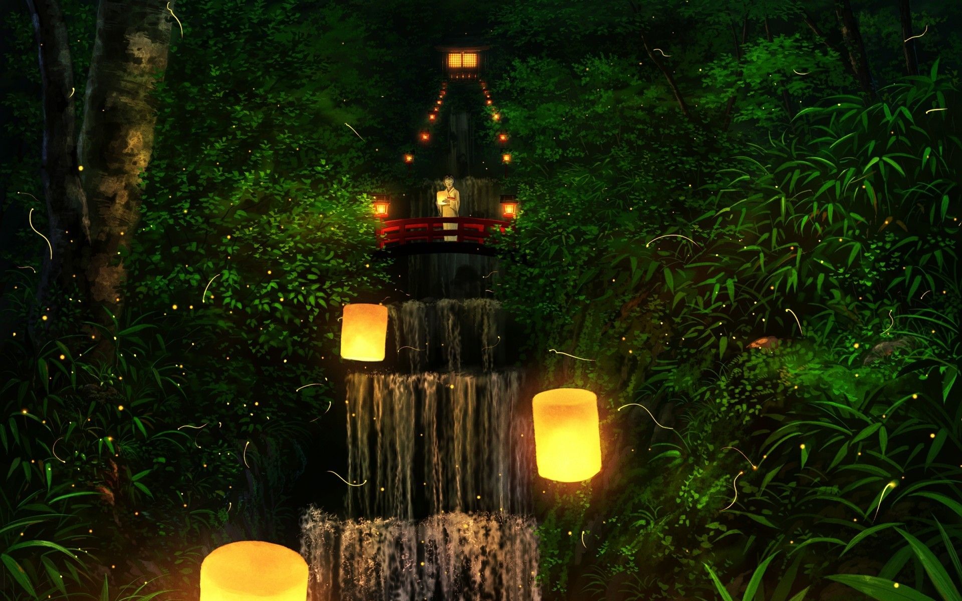 Download 1920x1200 Anime Landscape, Forest, Lanterns, Night