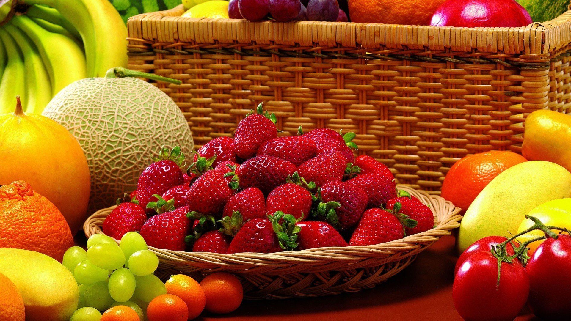 nature, Fruits, Oranges, Grapes, Bananas, Strawberries, Melons