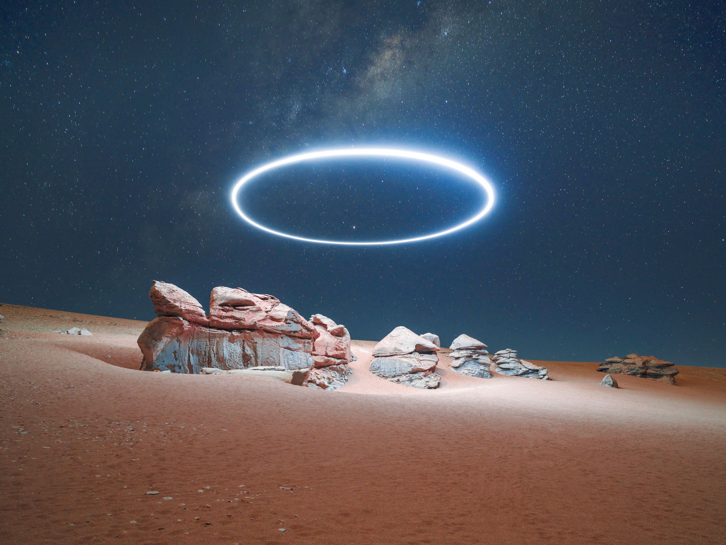 Wallpaper Desert, Night, Light, Ring, Rocks, Starry sky, HD