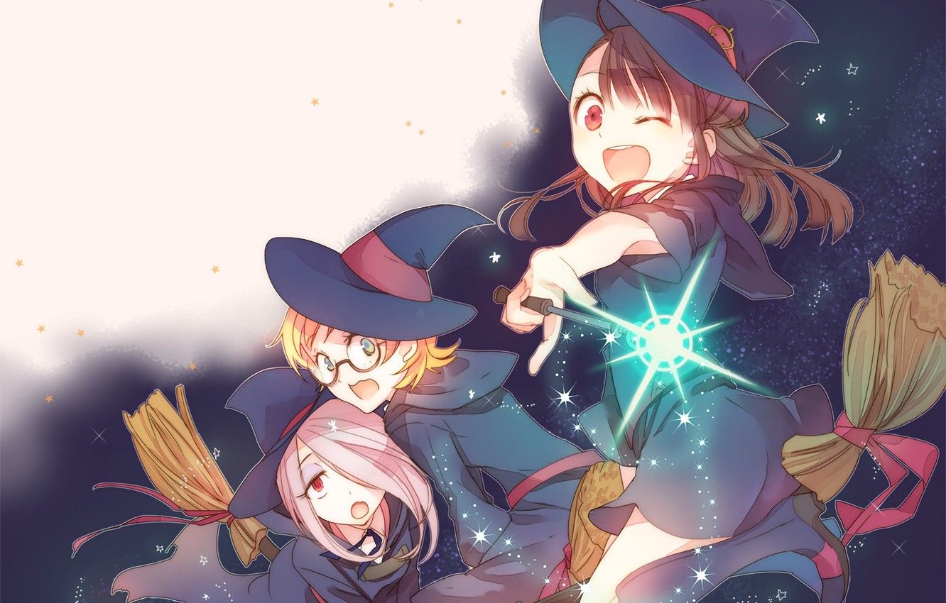 Wallpaper girl, flying, hat, anime, asian, witch, japanese